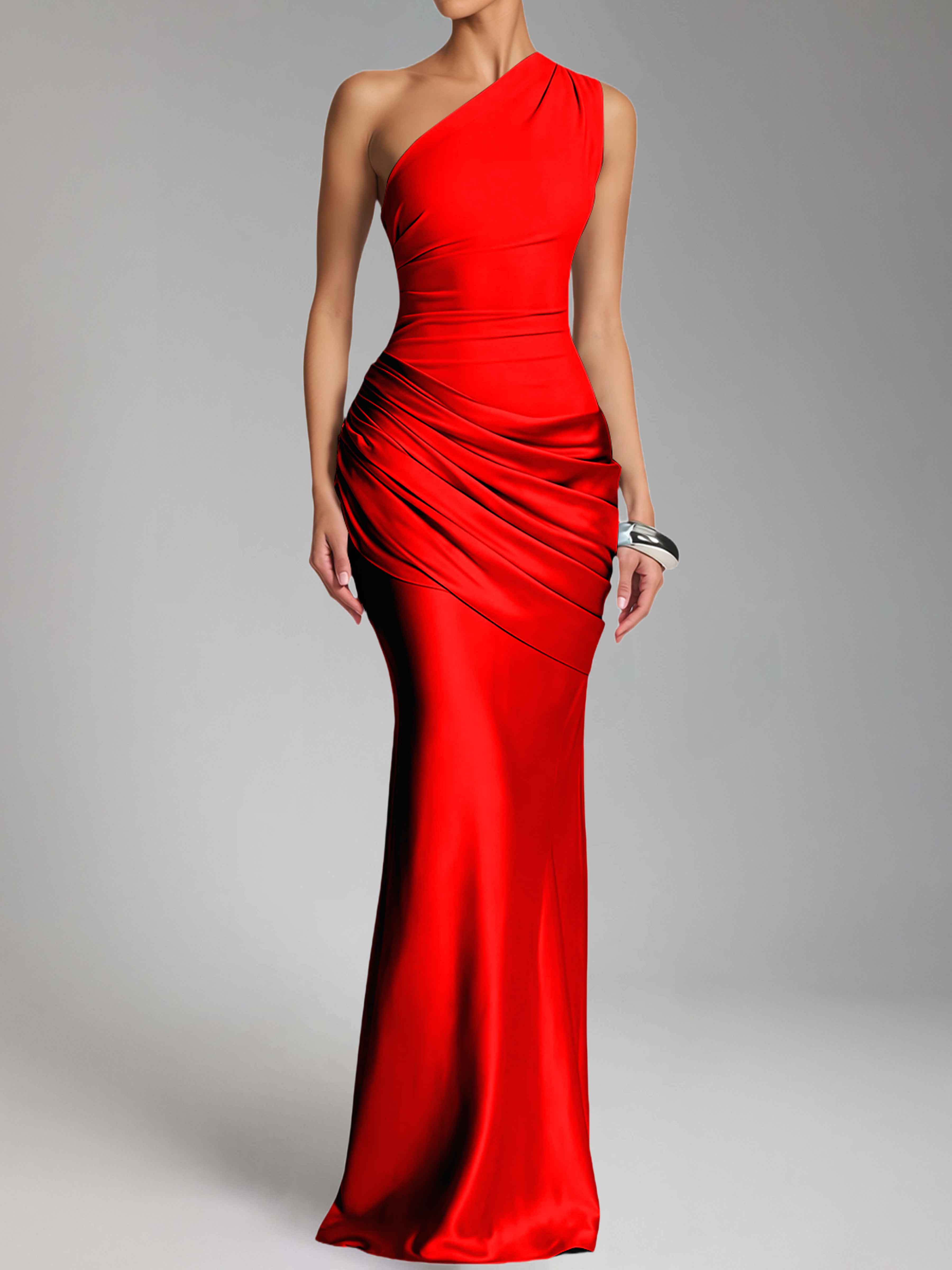 Jaelithra Gorgeous One Shoulder Pleated Satin Long Prom Dresses