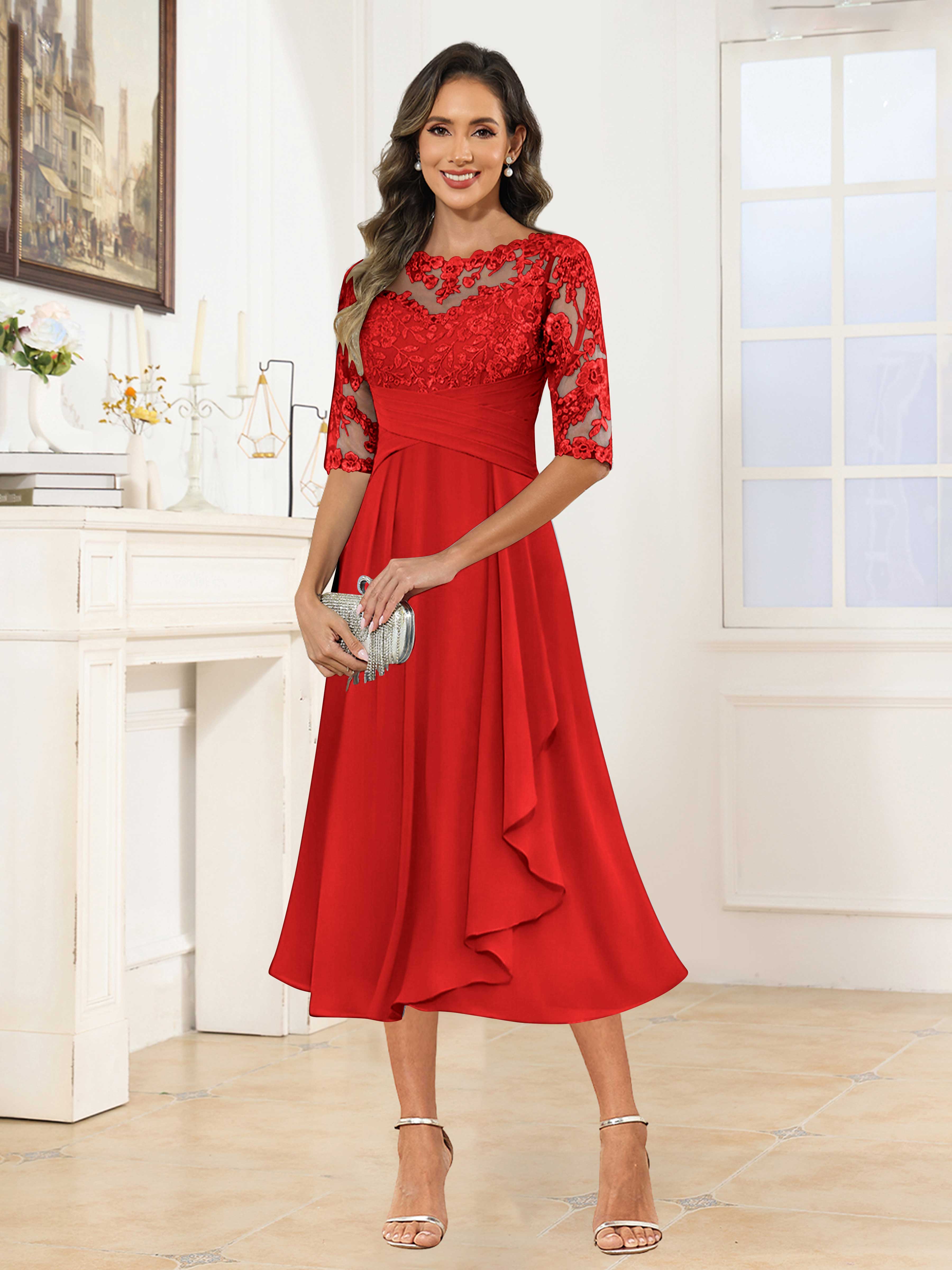 Traelithra Charming Illusion Ruffles Lace Tea Length Chiffon Mother of the Bride Dresses