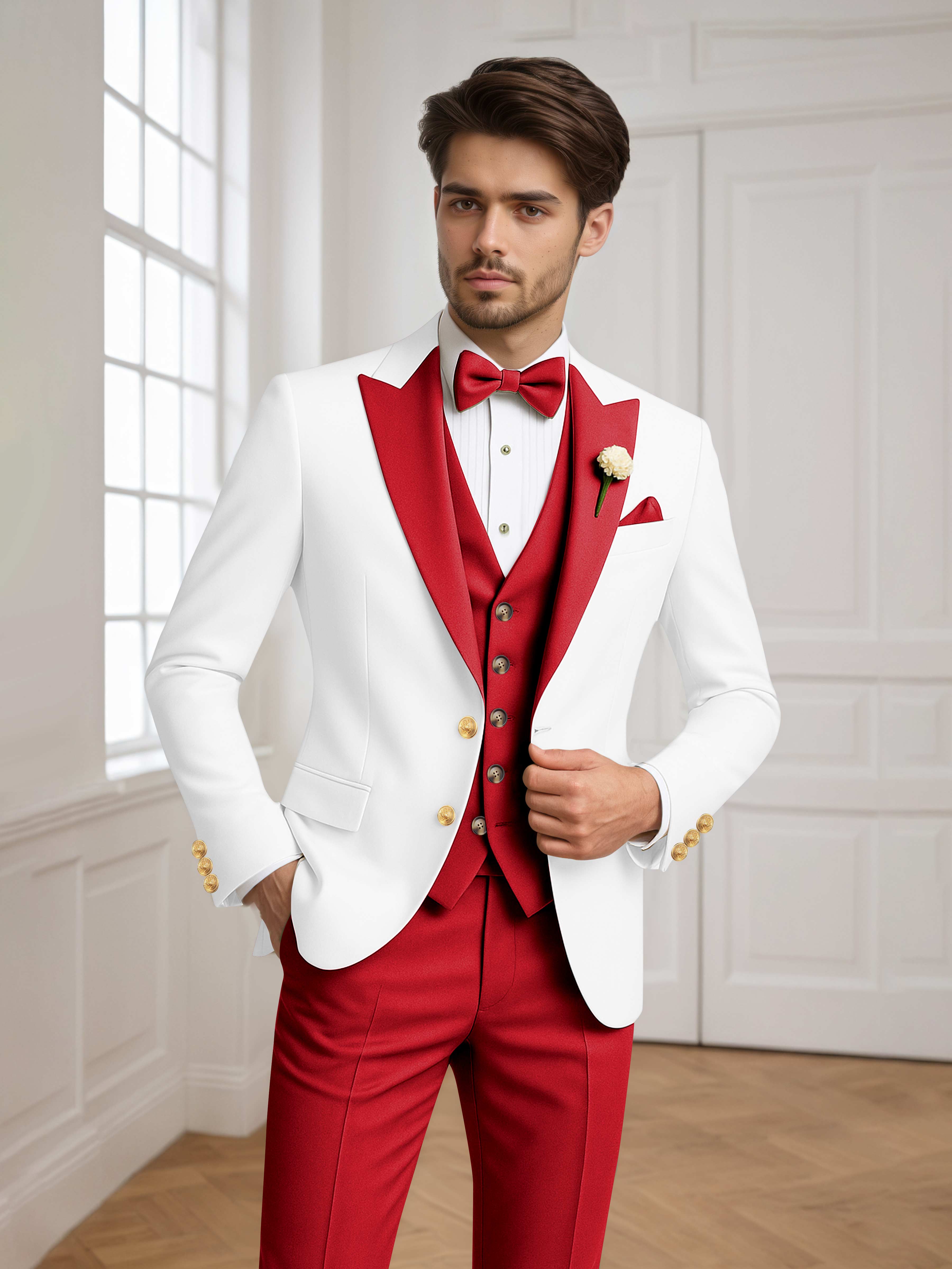 Color Block Peak Lapel Men's 3 Pieces Suit for Groom Wedding & Prom
