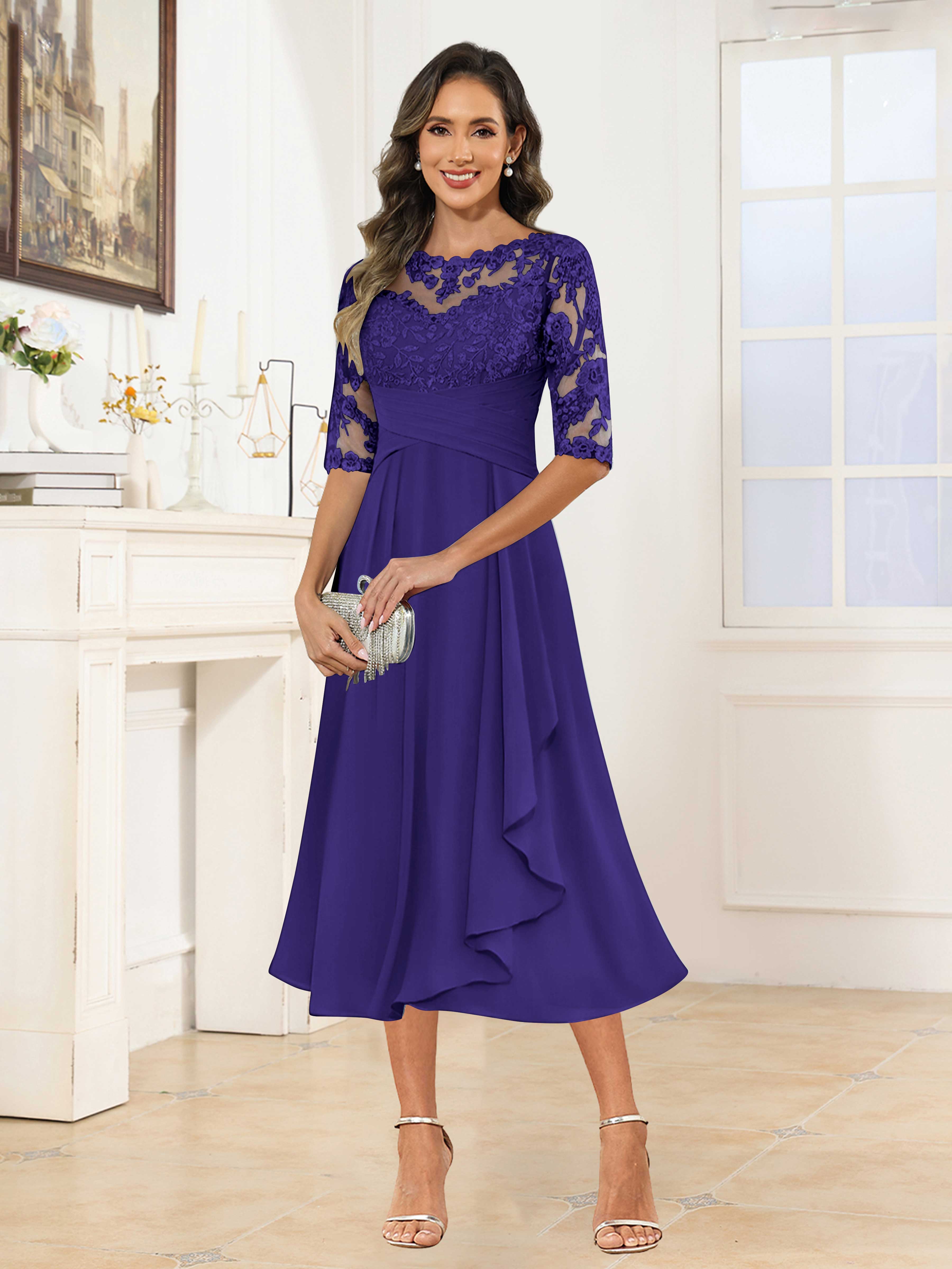 Traelithra Charming Illusion Ruffles Lace Tea Length Chiffon Mother of the Bride Dresses