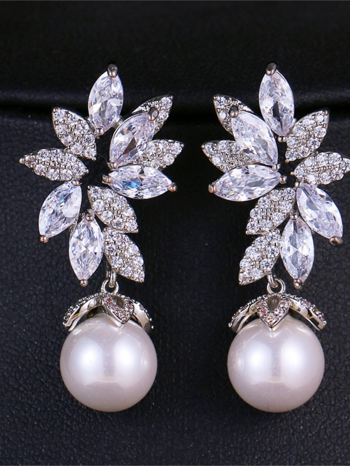 Rose Gold Leaf Bridal Drop Earrings with Pearls