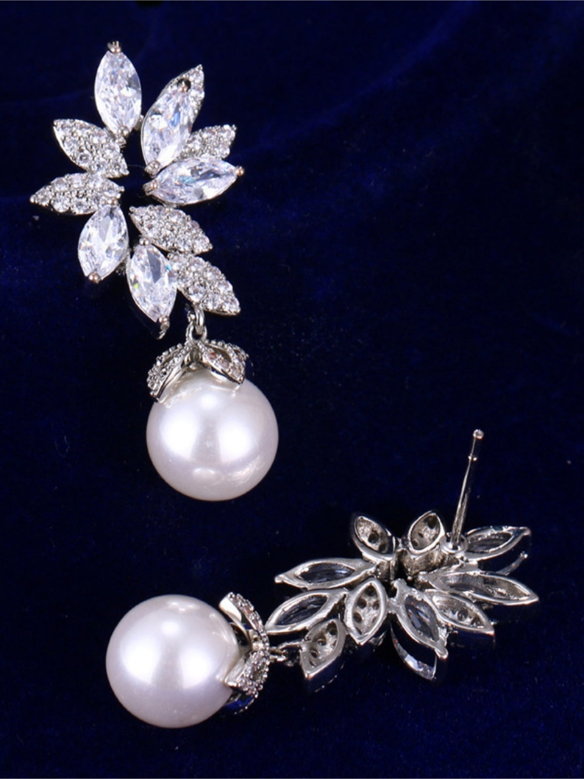 Rose Gold Leaf Bridal Drop Earrings with Pearls