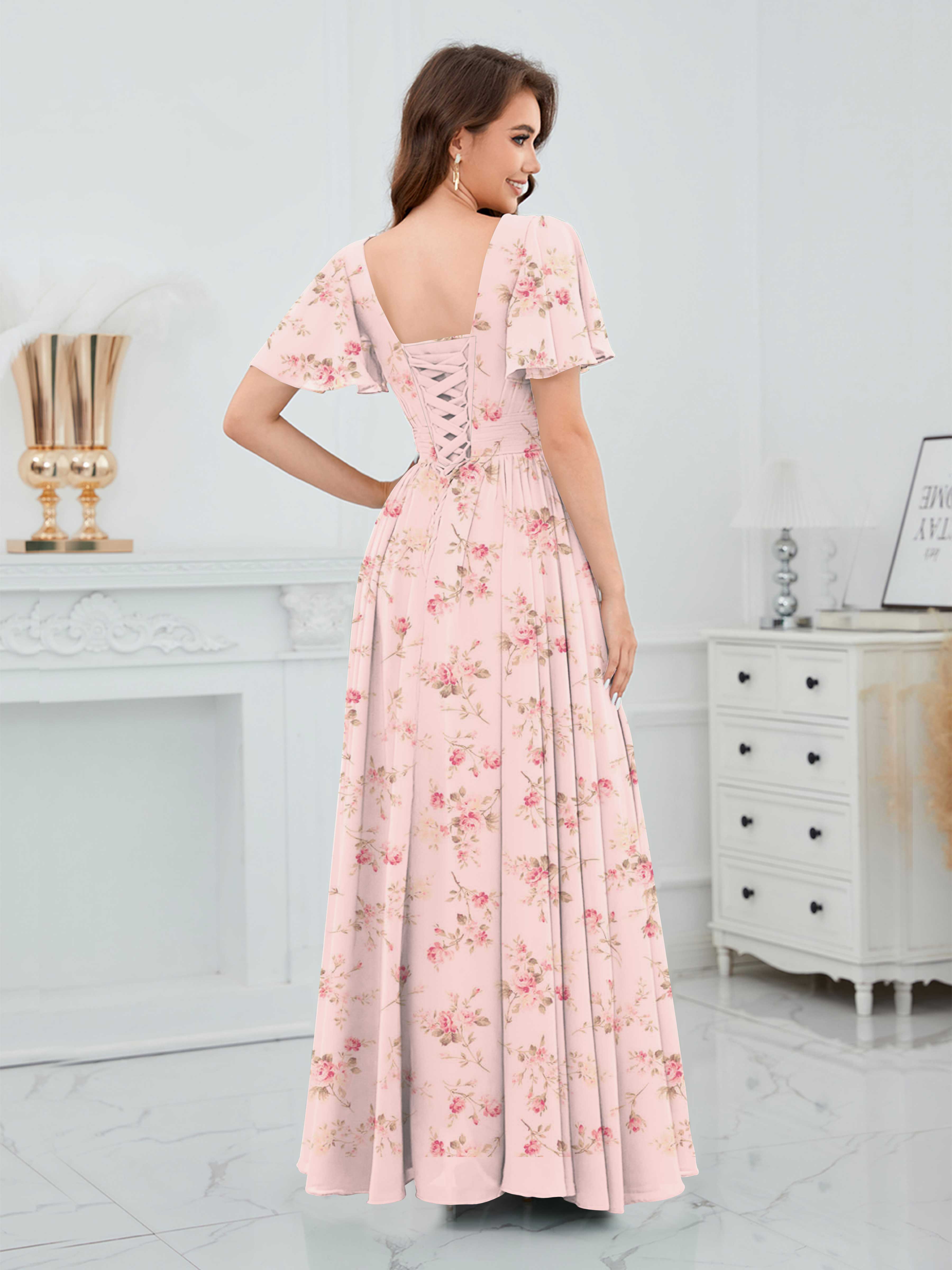 Rose Floral V Neck Short Sleeves Slit Long Chiffon Bridesmaid Dresses