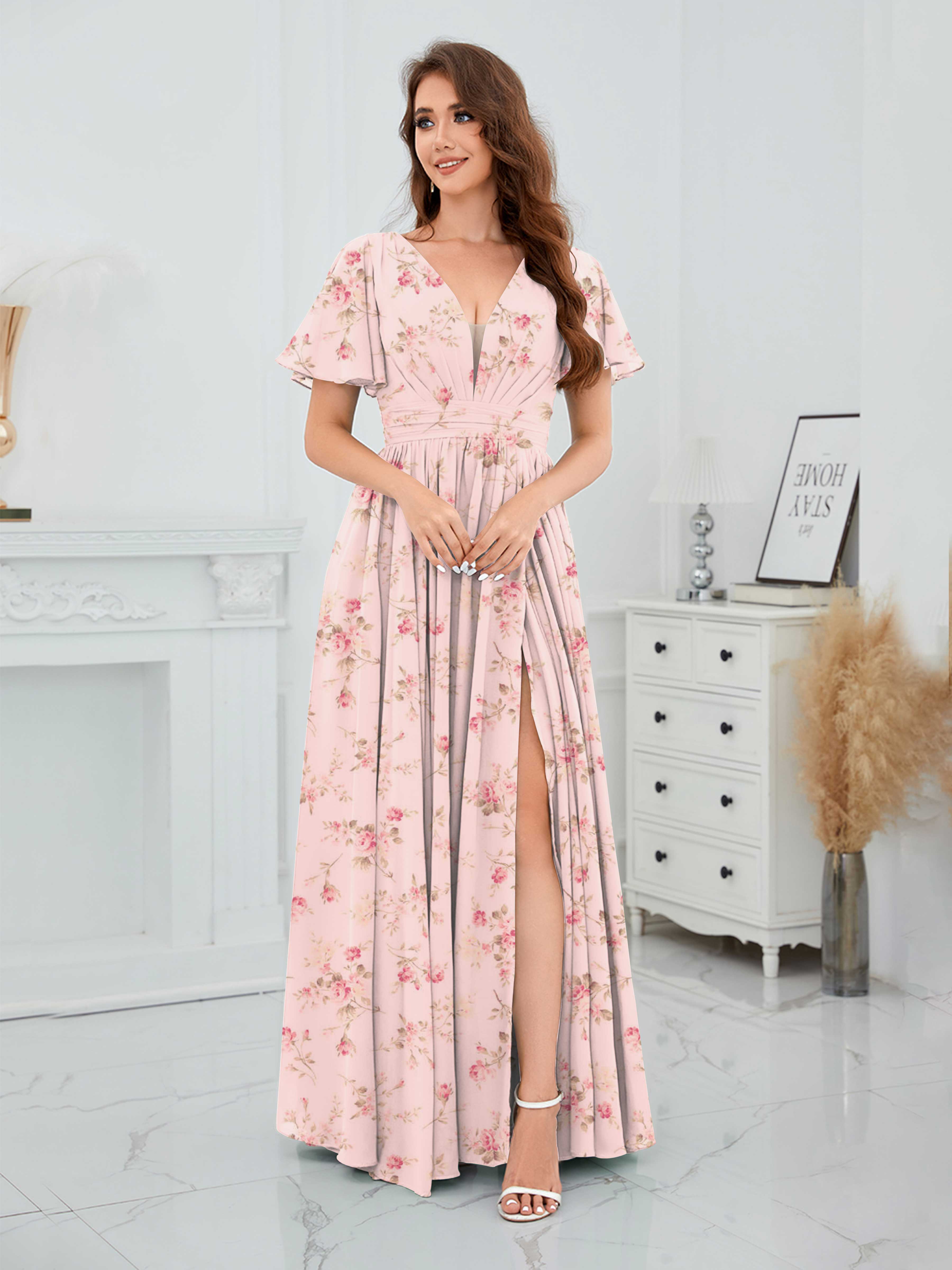 Rose Floral V Neck Short Sleeves Slit Long Chiffon Bridesmaid Dresses