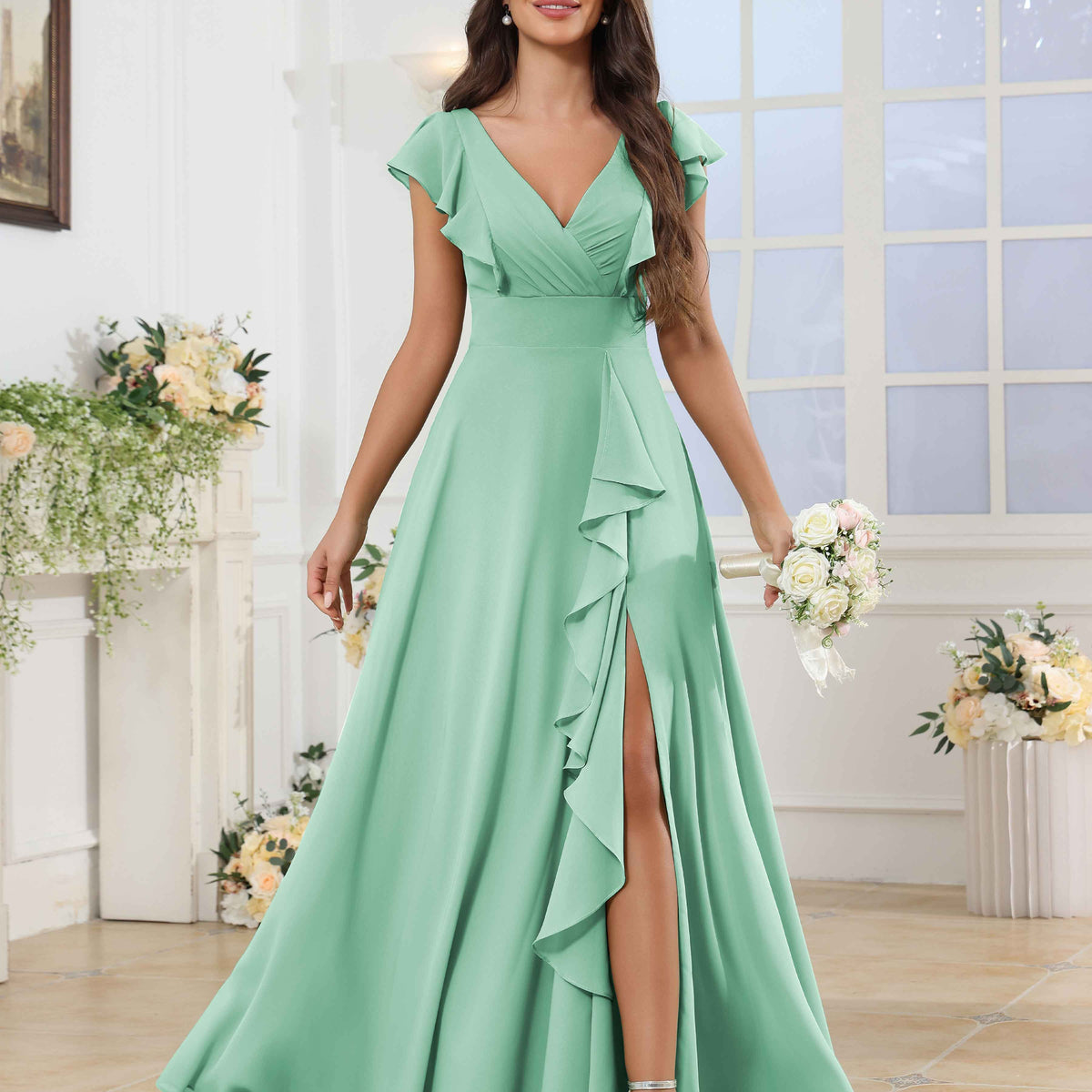 Chiffon Bridesmaid Dresses Women Matcha Bridesmaid Dress With Ruffles A  Line Spaghetti Straps Chiffon Long Wedding Party Dress Bridesmaids Dress