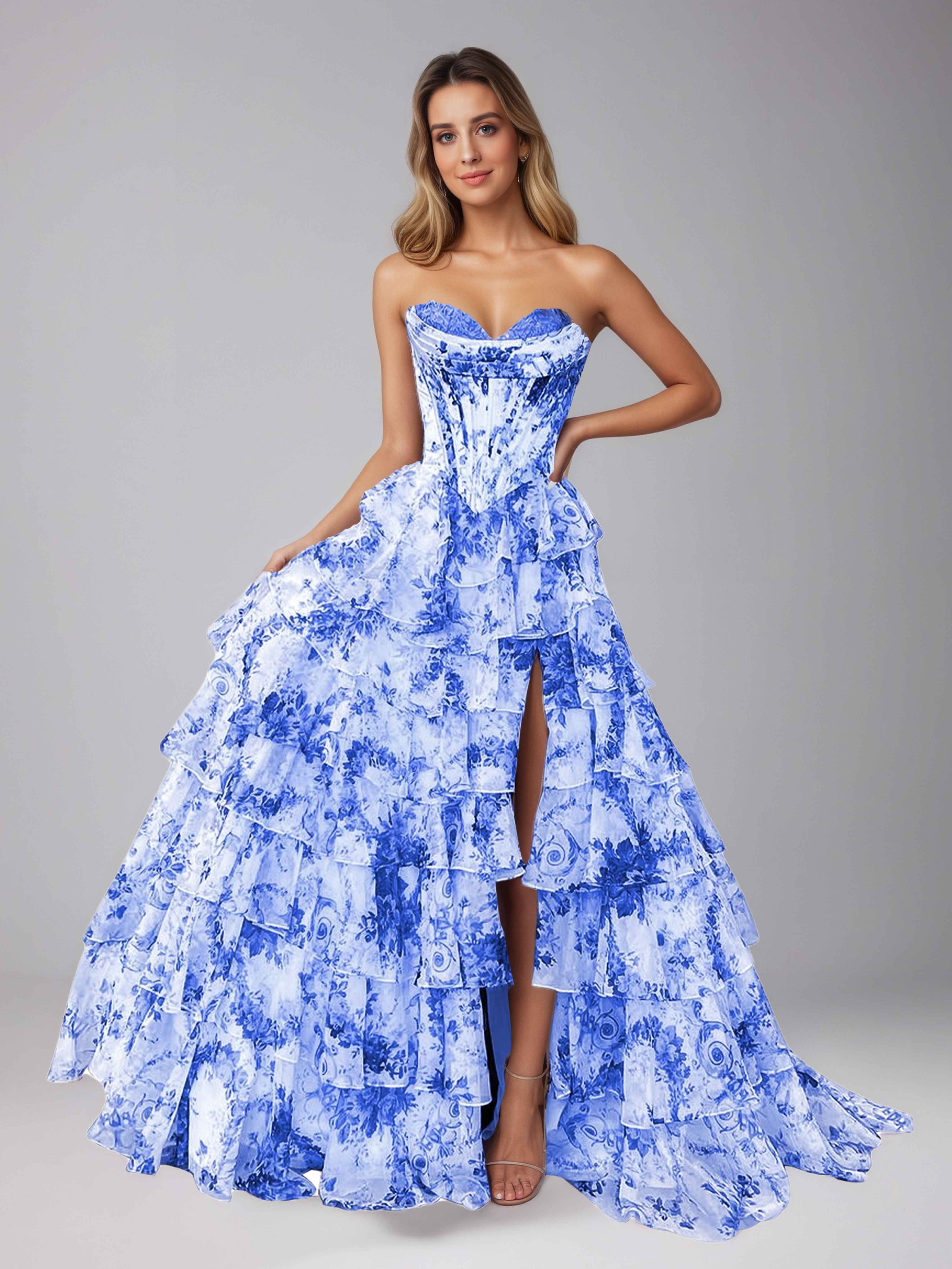 Graelara Glamorous Sweetheart Cascading Ruffles Corset Floral Tiered Prom Dresses