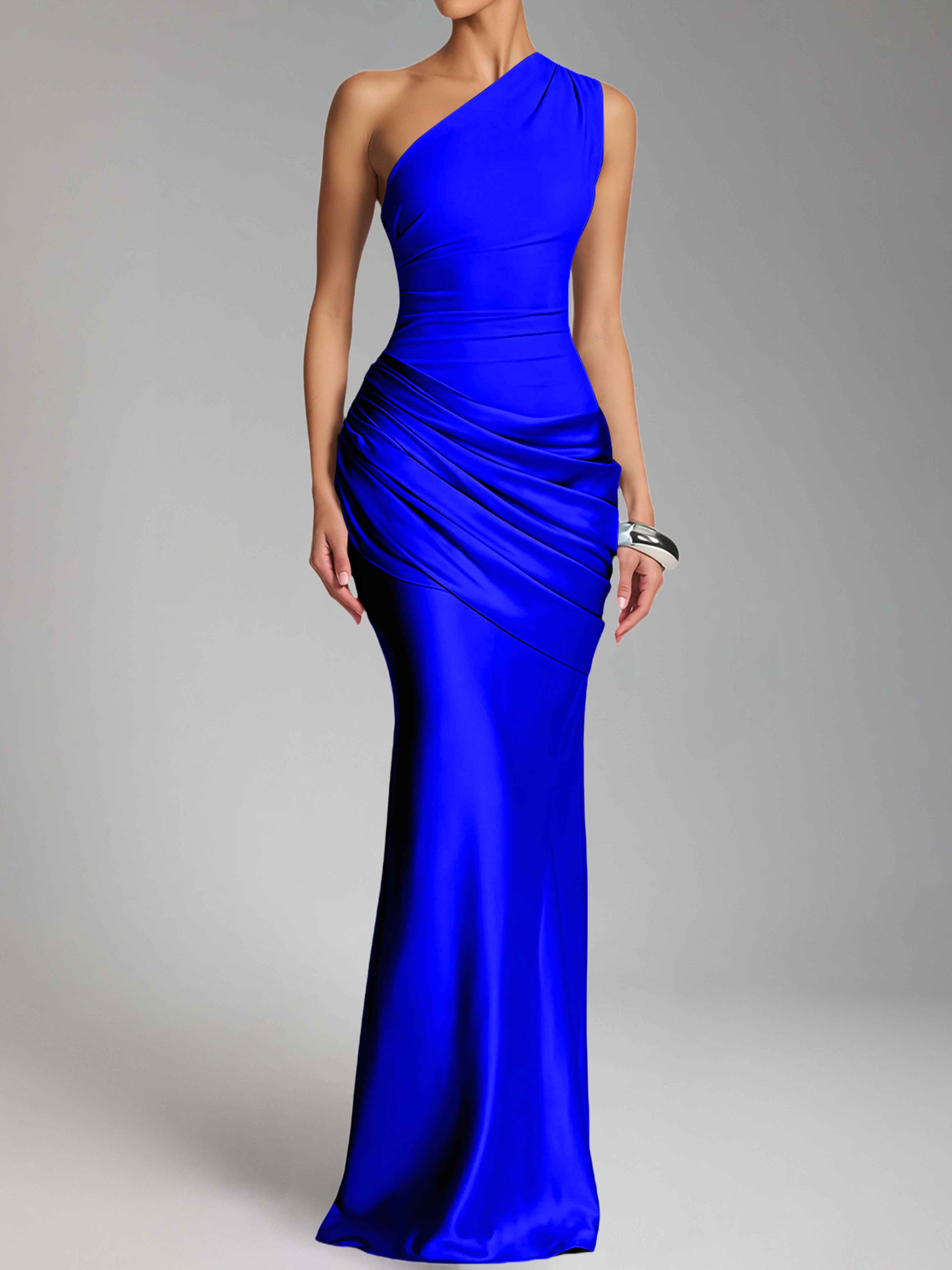 Jaelithra Gorgeous One Shoulder Pleated Satin Long Prom Dresses