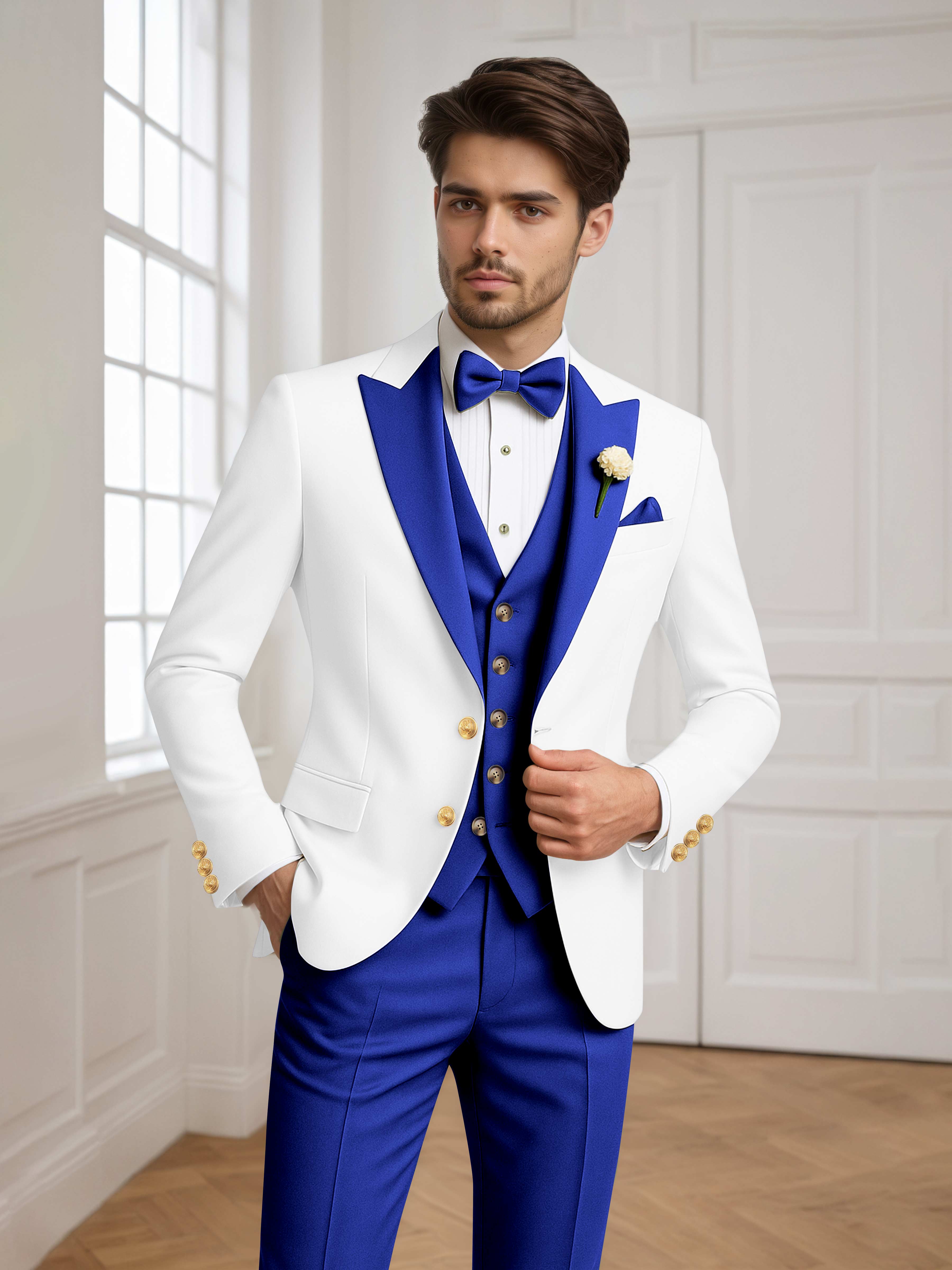 Color Block Peak Lapel Men's 3 Pieces Suit for Groom Wedding & Prom