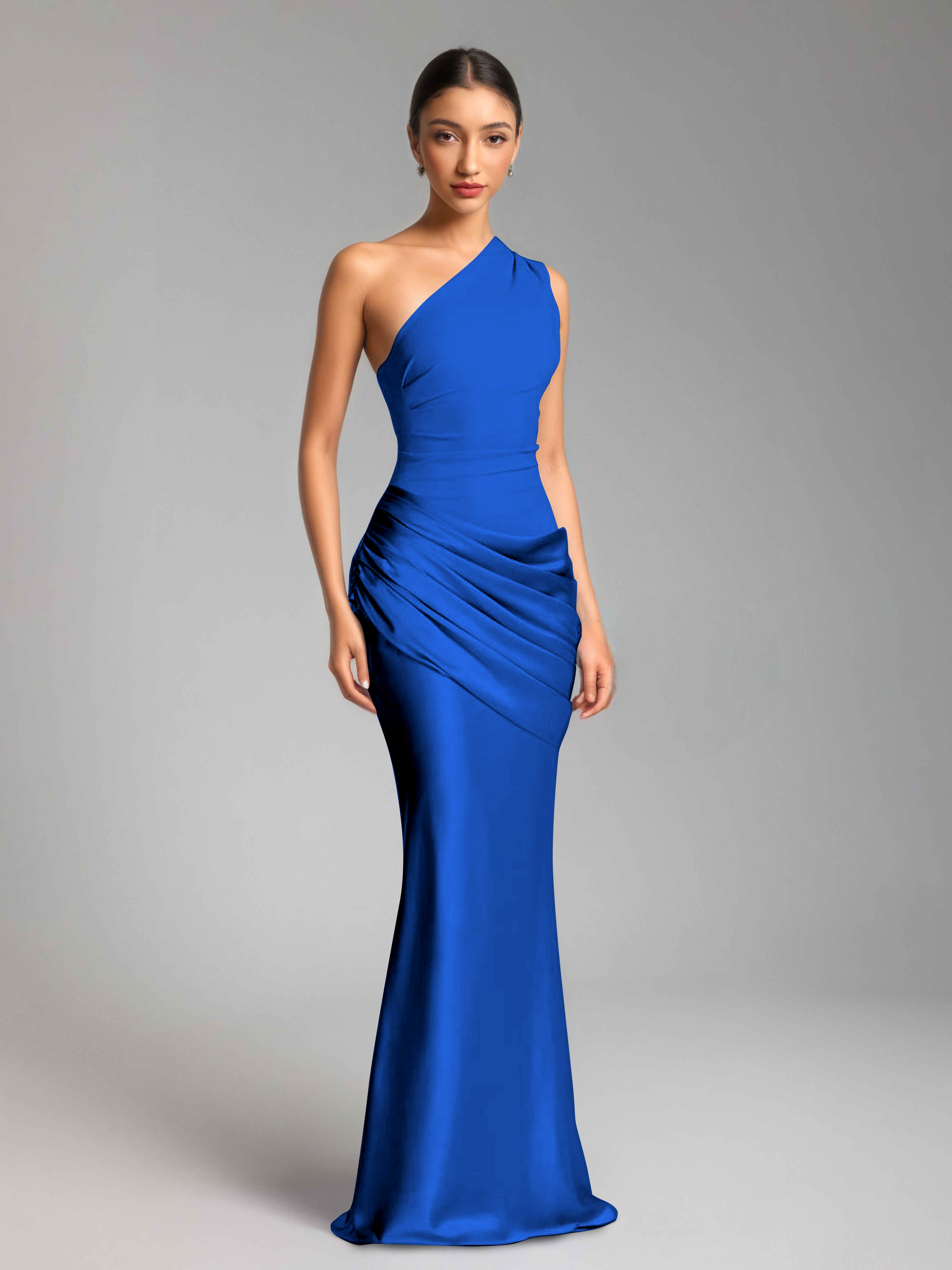 Jaelithra Gorgeous One Shoulder Pleated Satin Long Prom Dresses