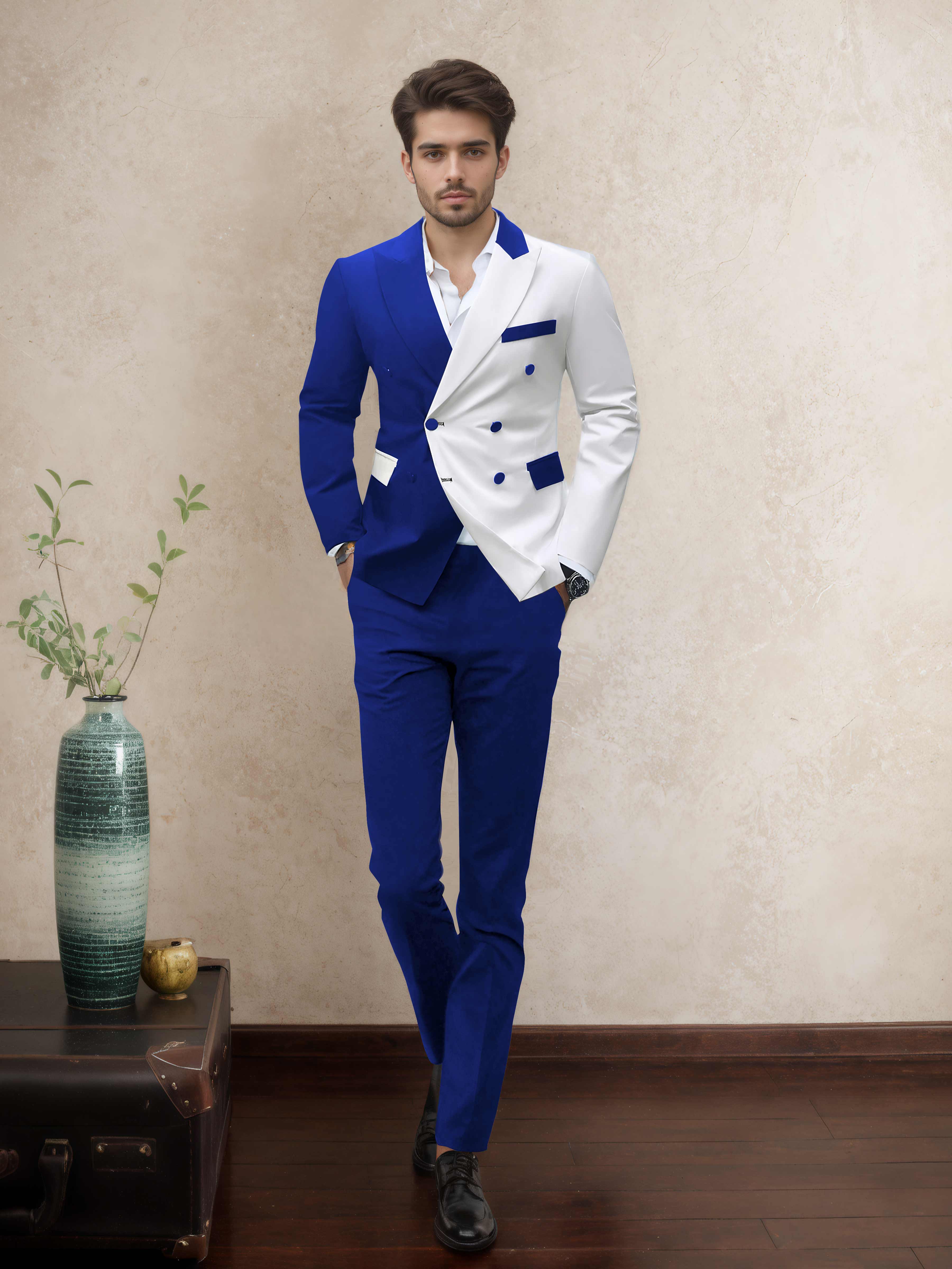 Refined 2 Pieces Men’s Evening Suit Tailored Fit Double Breasted Peak Lapel Contrast
