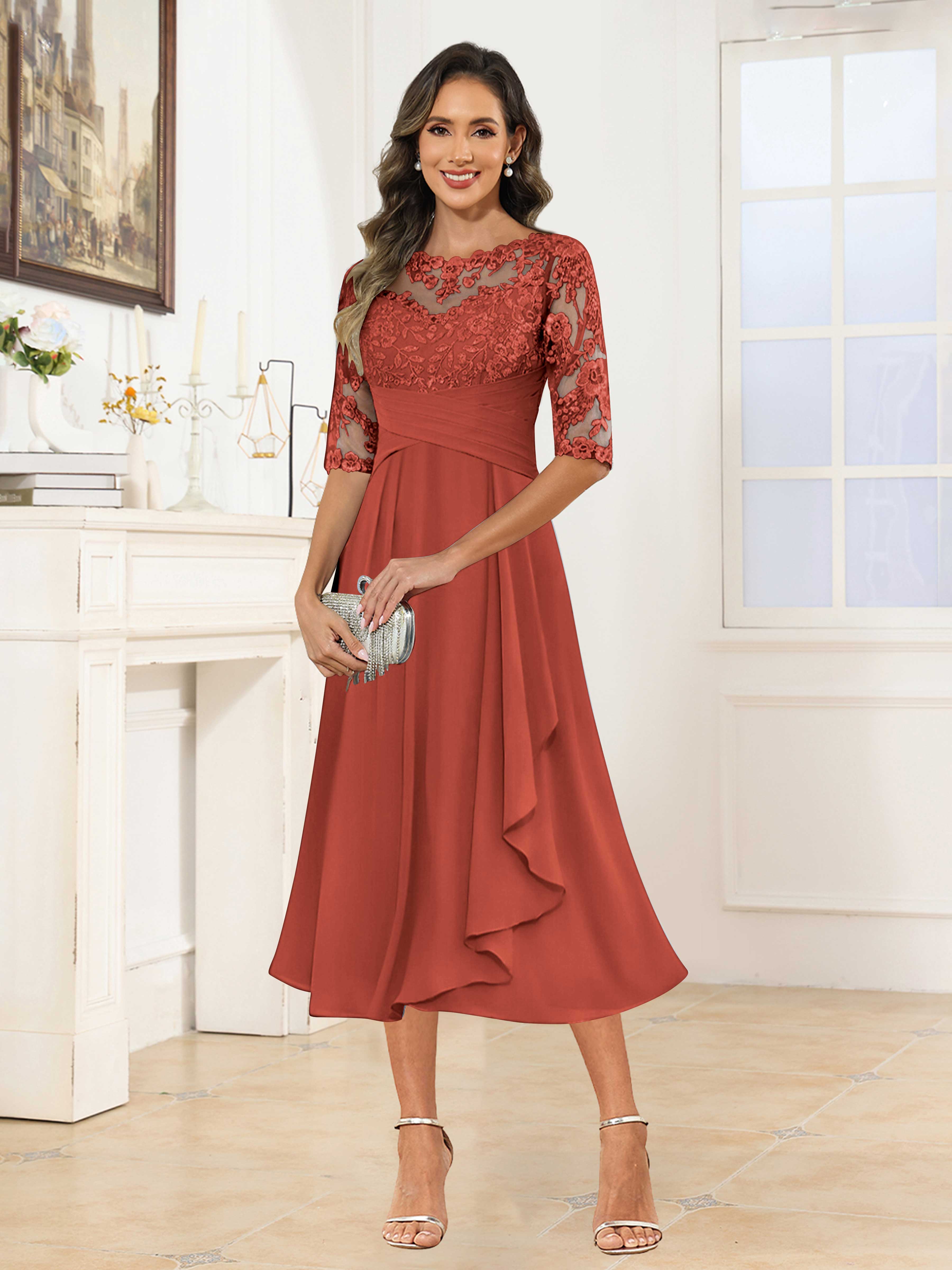 Traelithra Charming Illusion Ruffles Lace Tea Length Chiffon Mother of the Bride Dresses