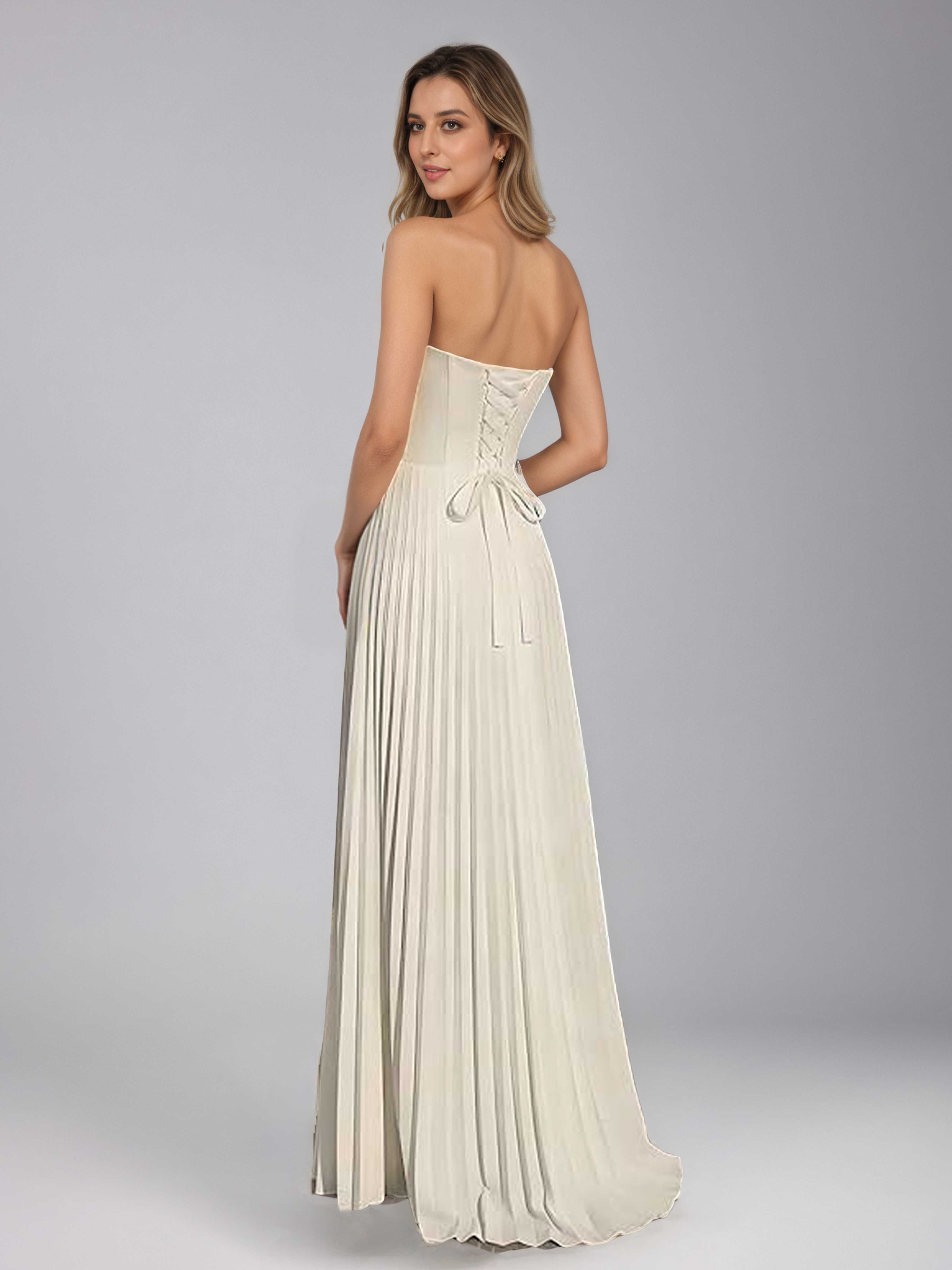 Saelithia Trendy Strapless Pleated Satin Long Prom Dresses