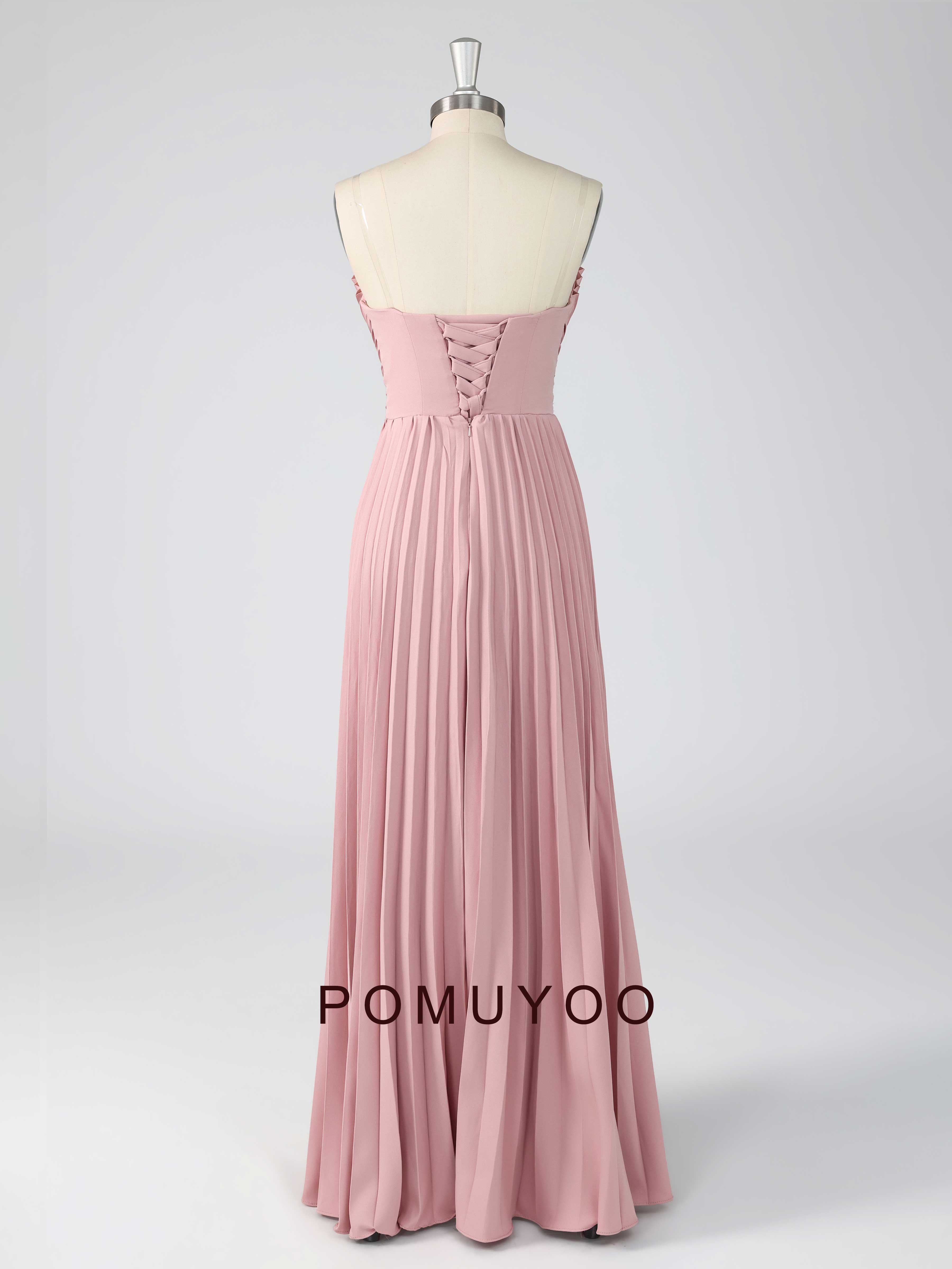 Saelithia Trendy Strapless Pleated Satin Long Prom Dresses