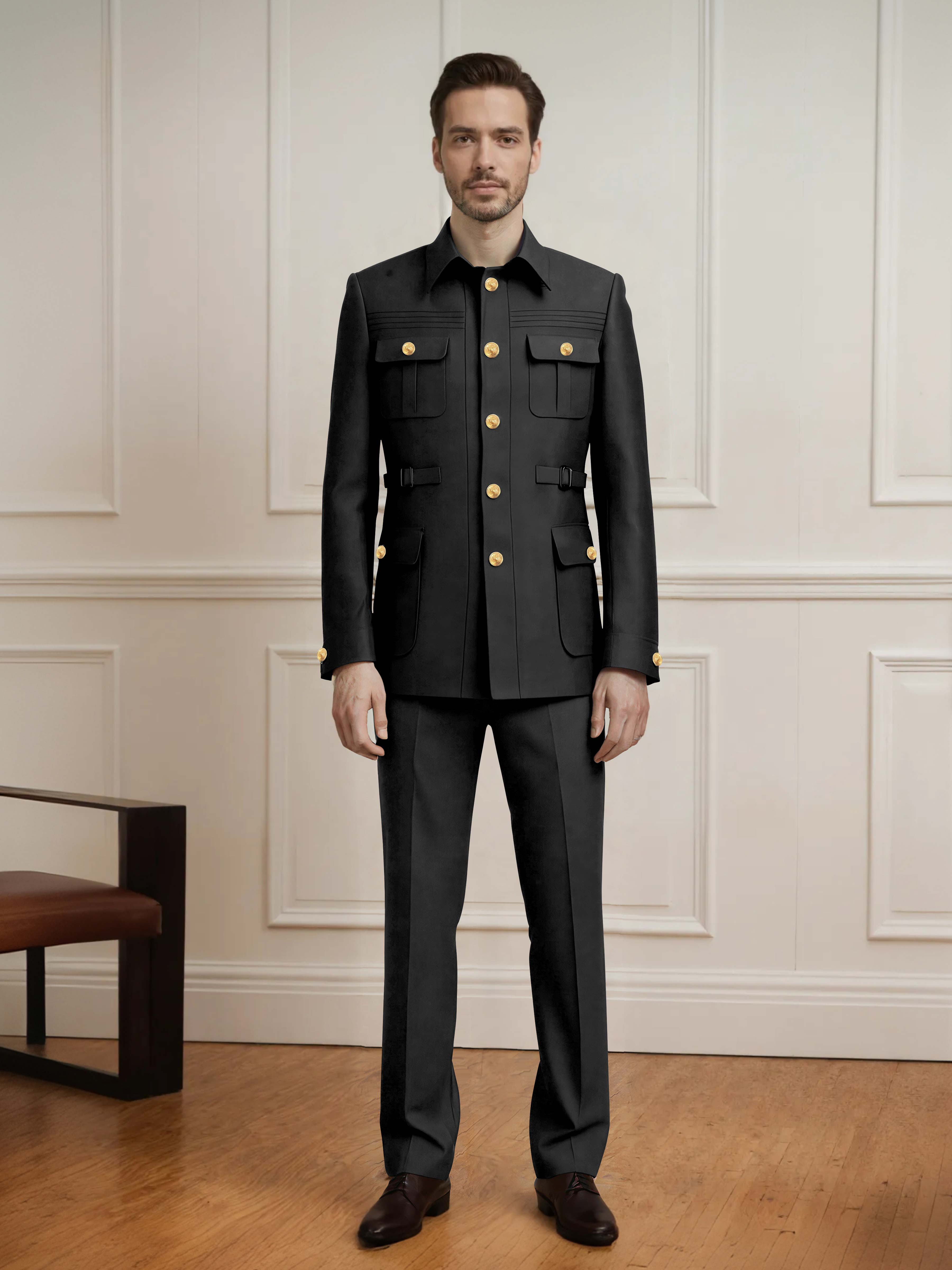 Safari Style Men's 2 Pieces Single Breasted With Belt Casual Suit