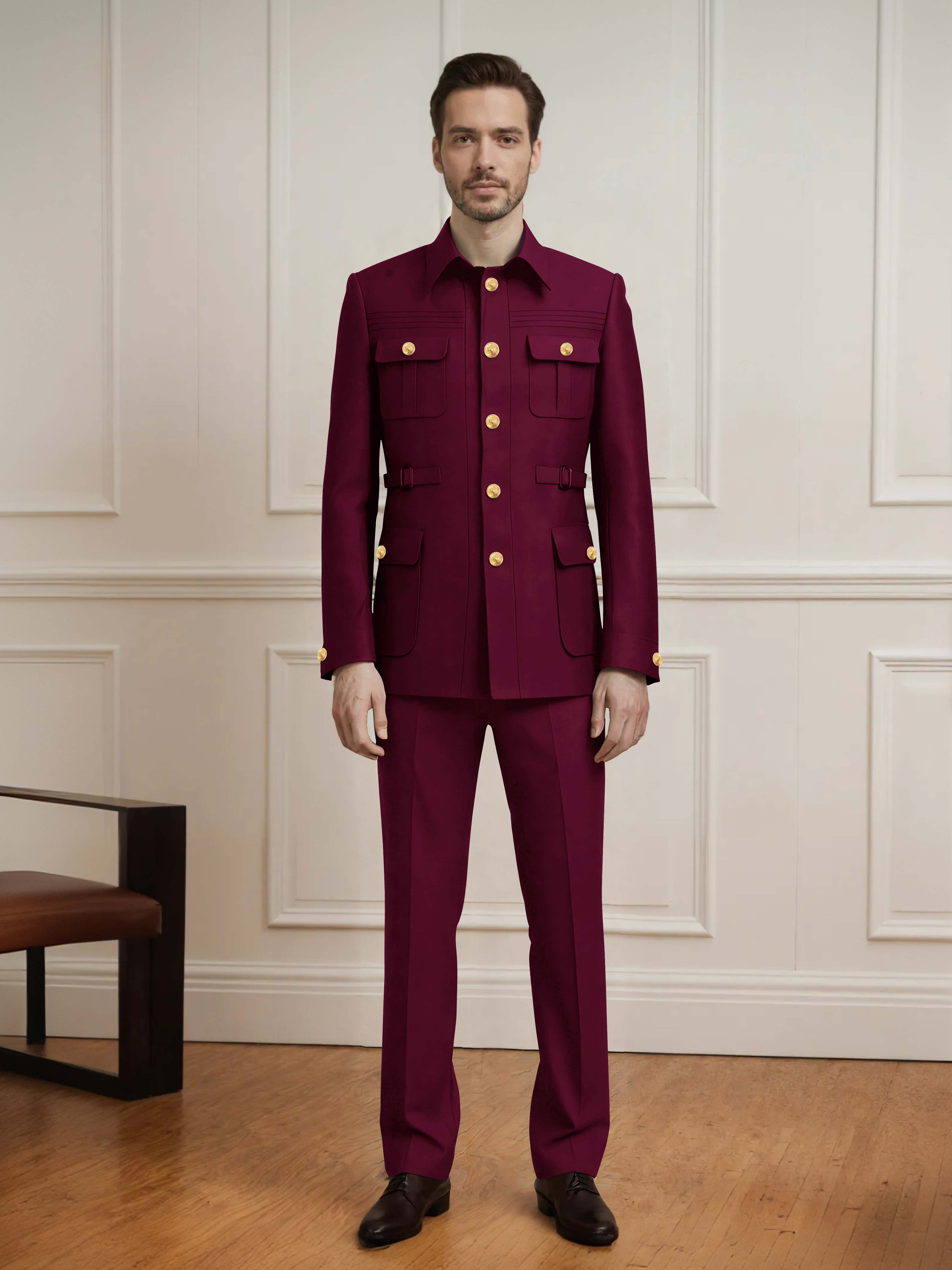 Safari Style Men's 2 Pieces Single Breasted With Belt Casual Suit