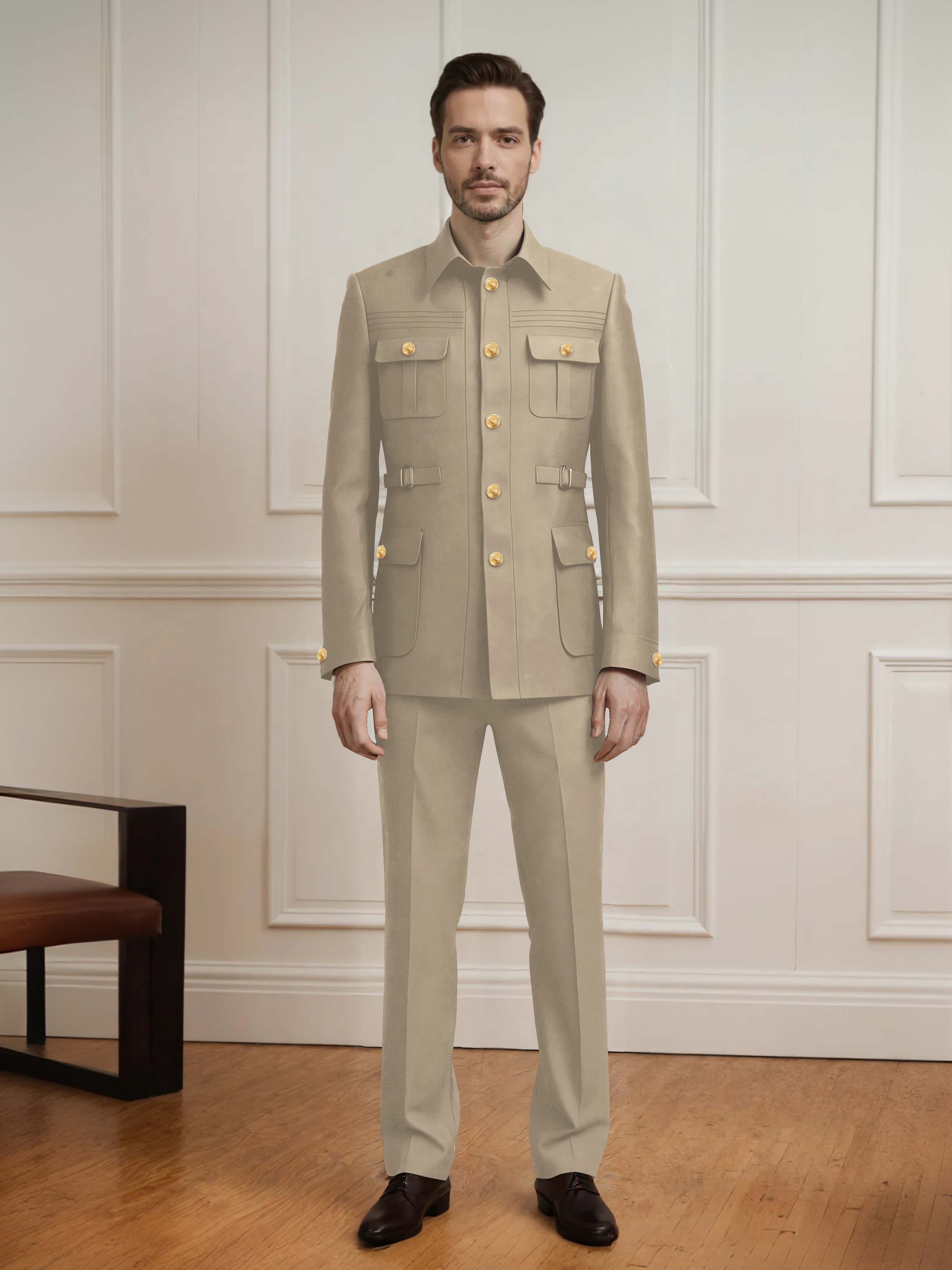 Safari Style Men's 2 Pieces Single Breasted With Belt Casual Suit