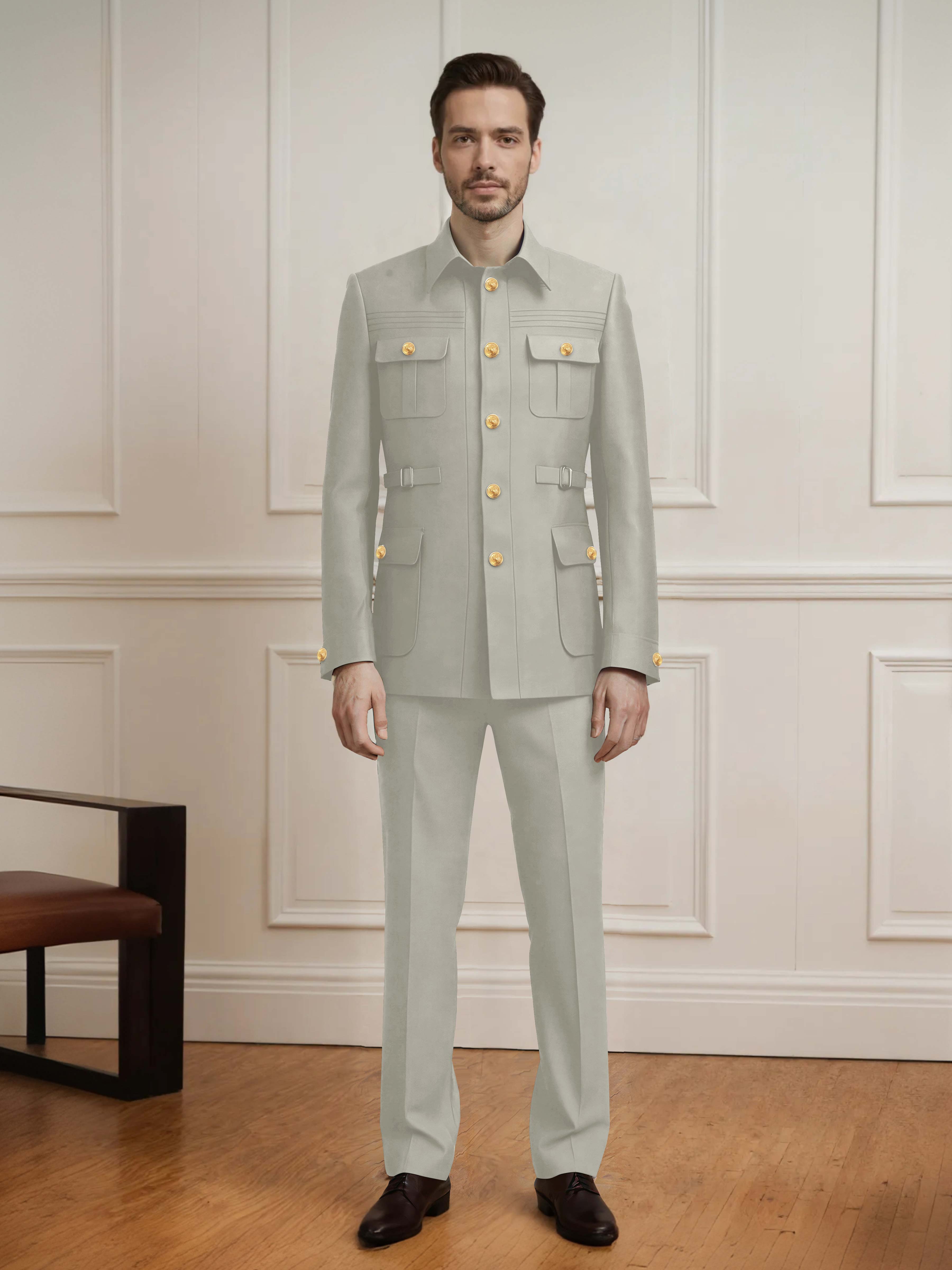 Safari Style Men's 2 Pieces Single Breasted With Belt Casual Suit