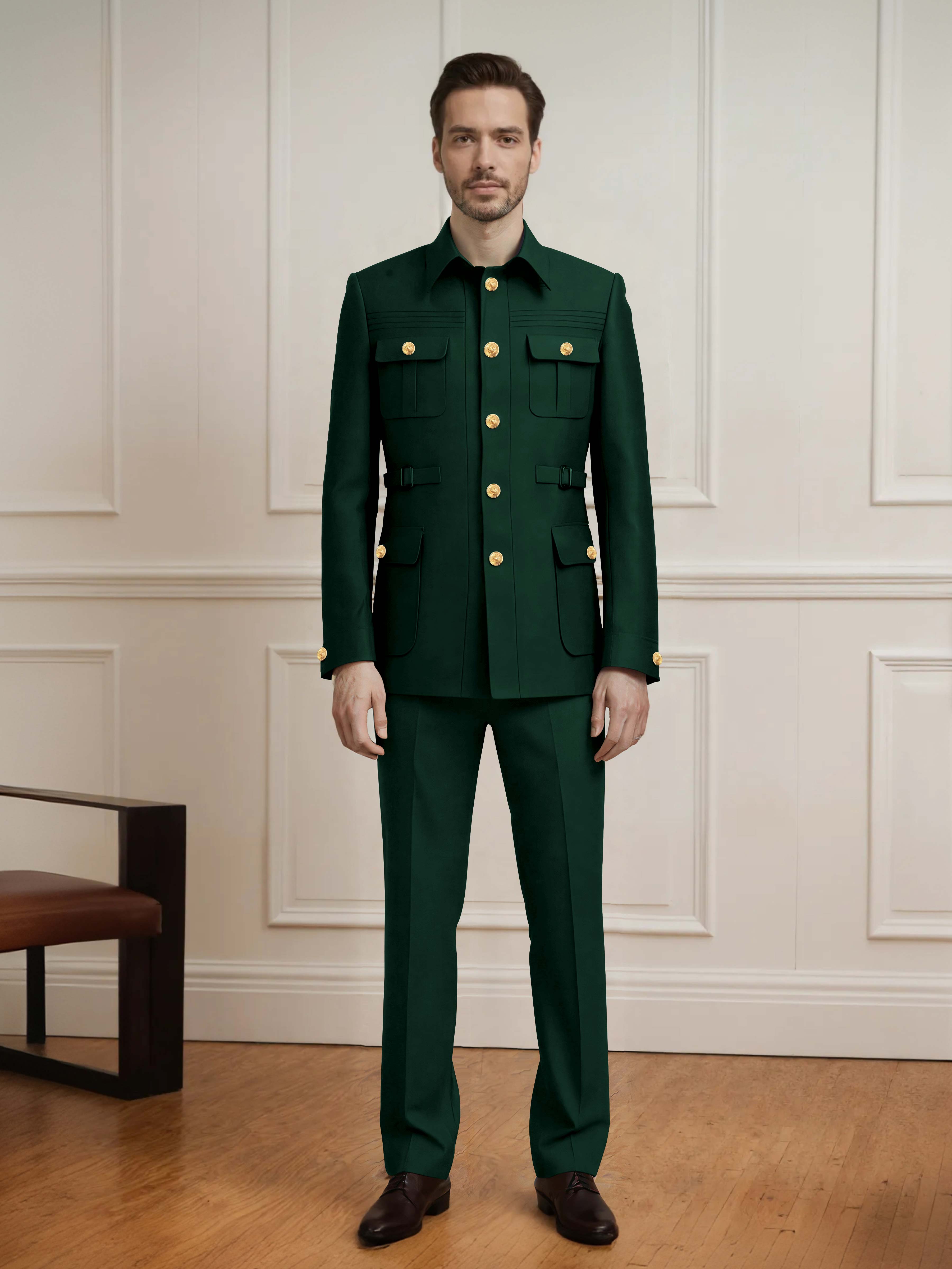 Safari Style Men's 2 Pieces Single Breasted With Belt Casual Suit