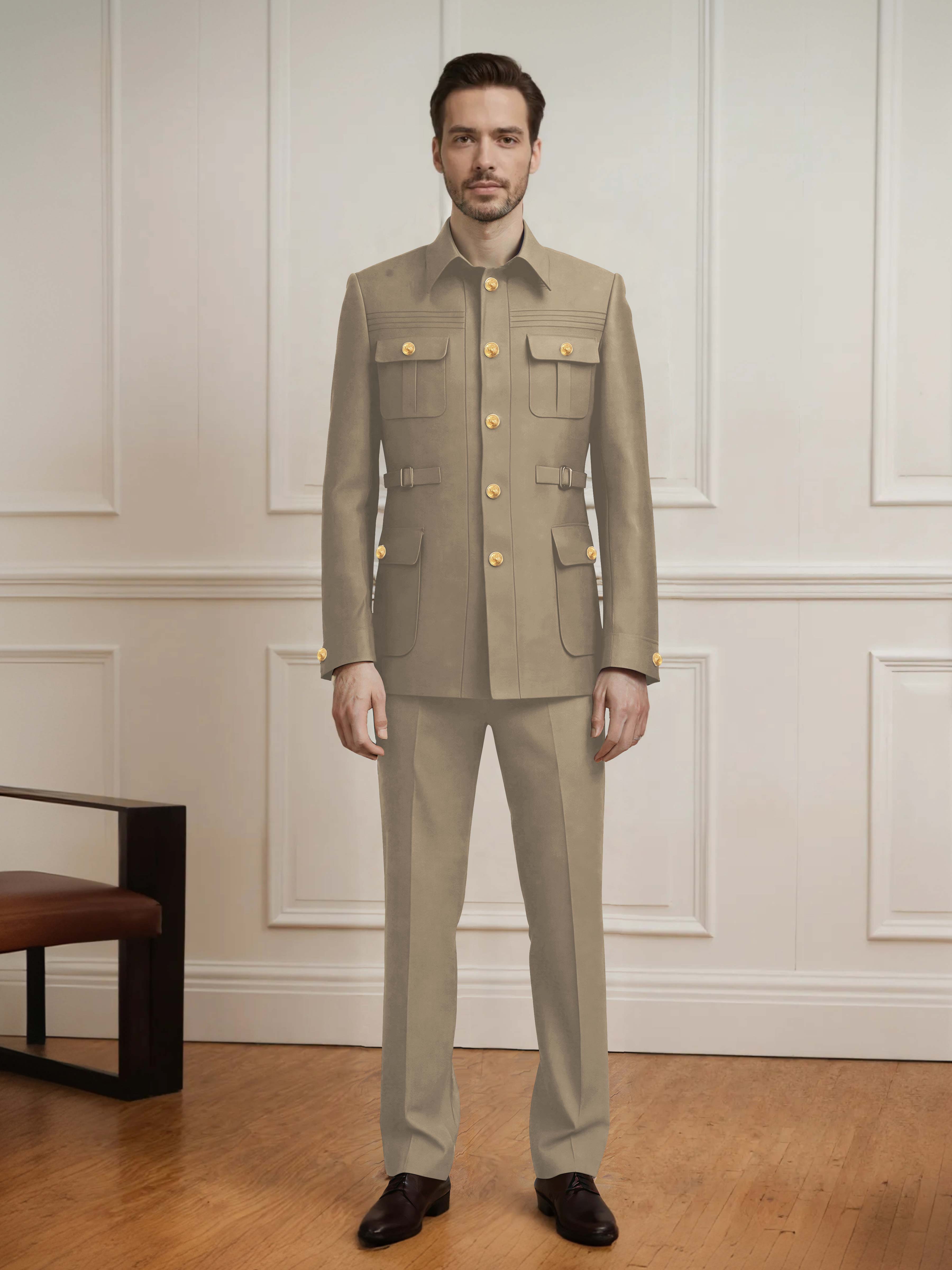 Safari Style Men's 2 Pieces Single Breasted With Belt Casual Suit