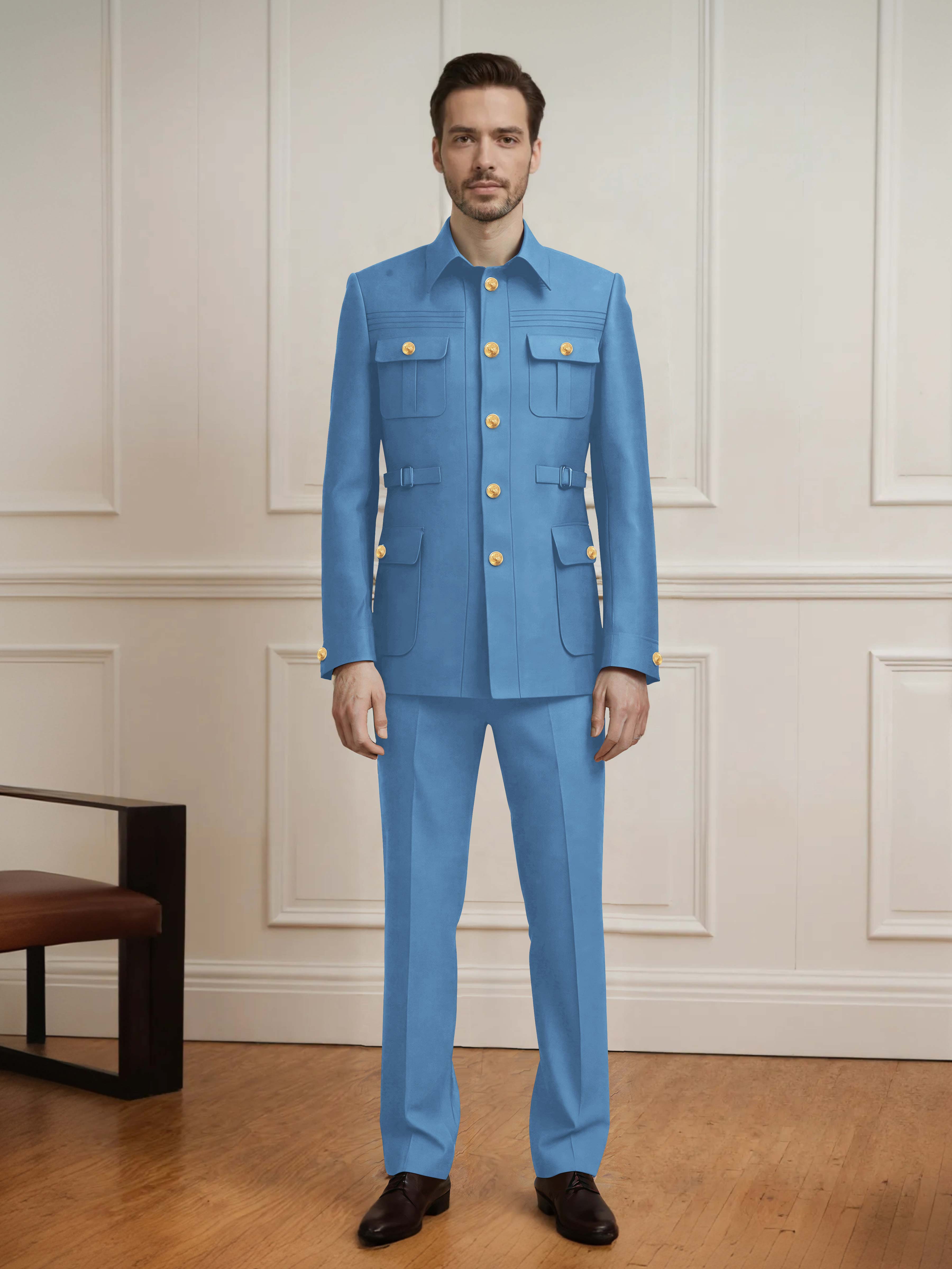 Safari Style Men's 2 Pieces Single Breasted With Belt Casual Suit