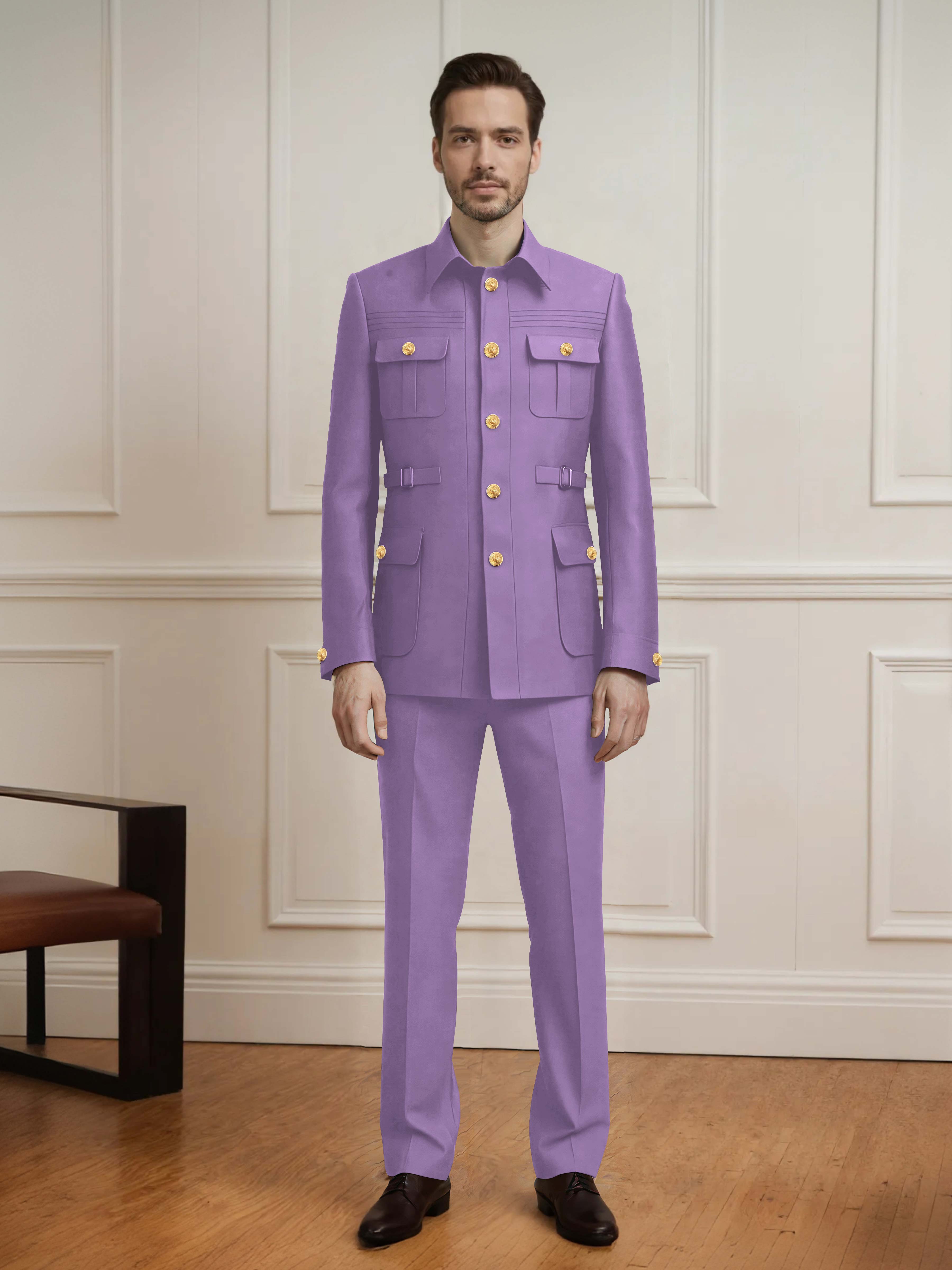 Safari Style Men's 2 Pieces Single Breasted With Belt Casual Suit