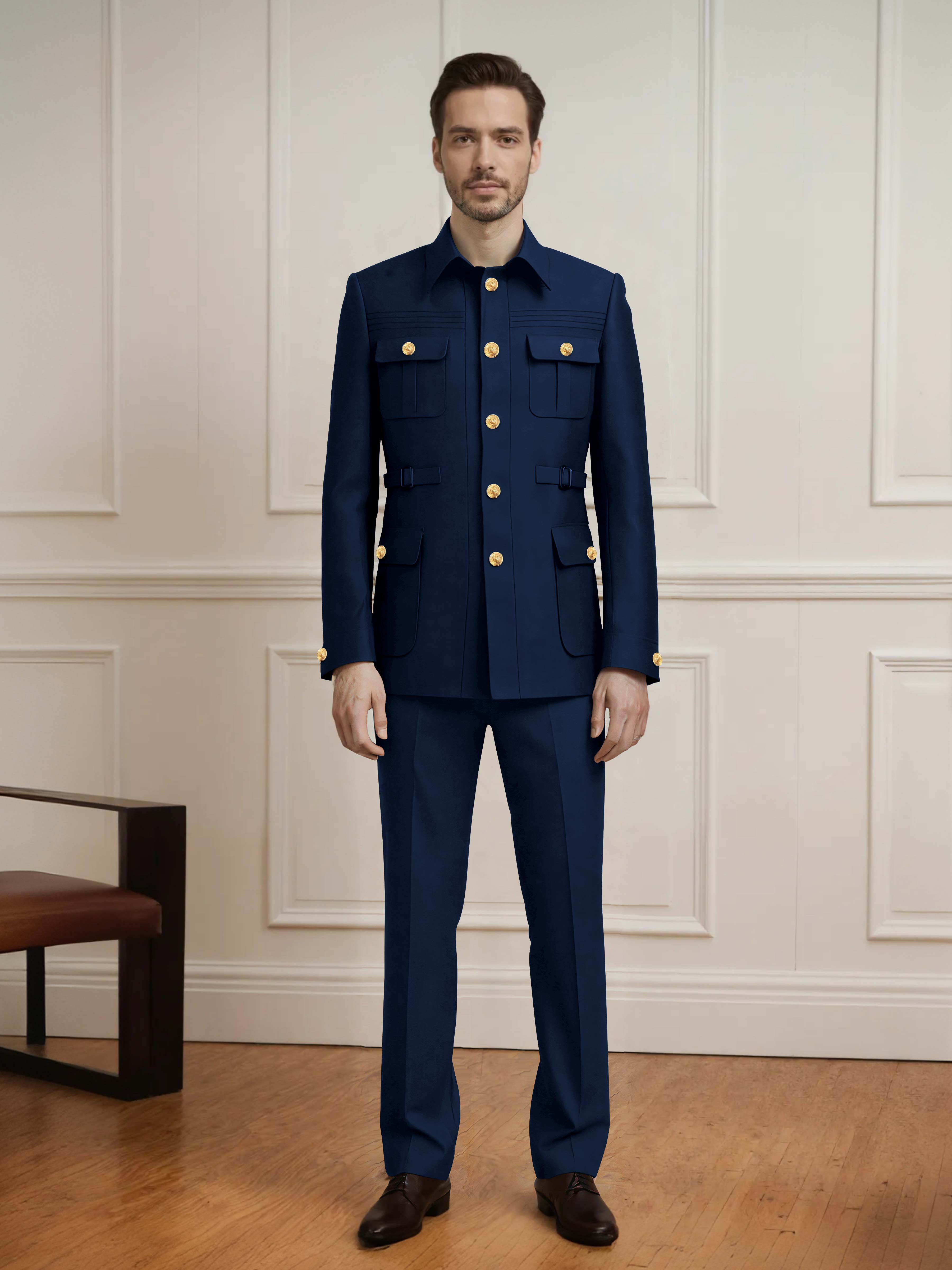 Safari Style Men's 2 Pieces Single Breasted With Belt Casual Suit