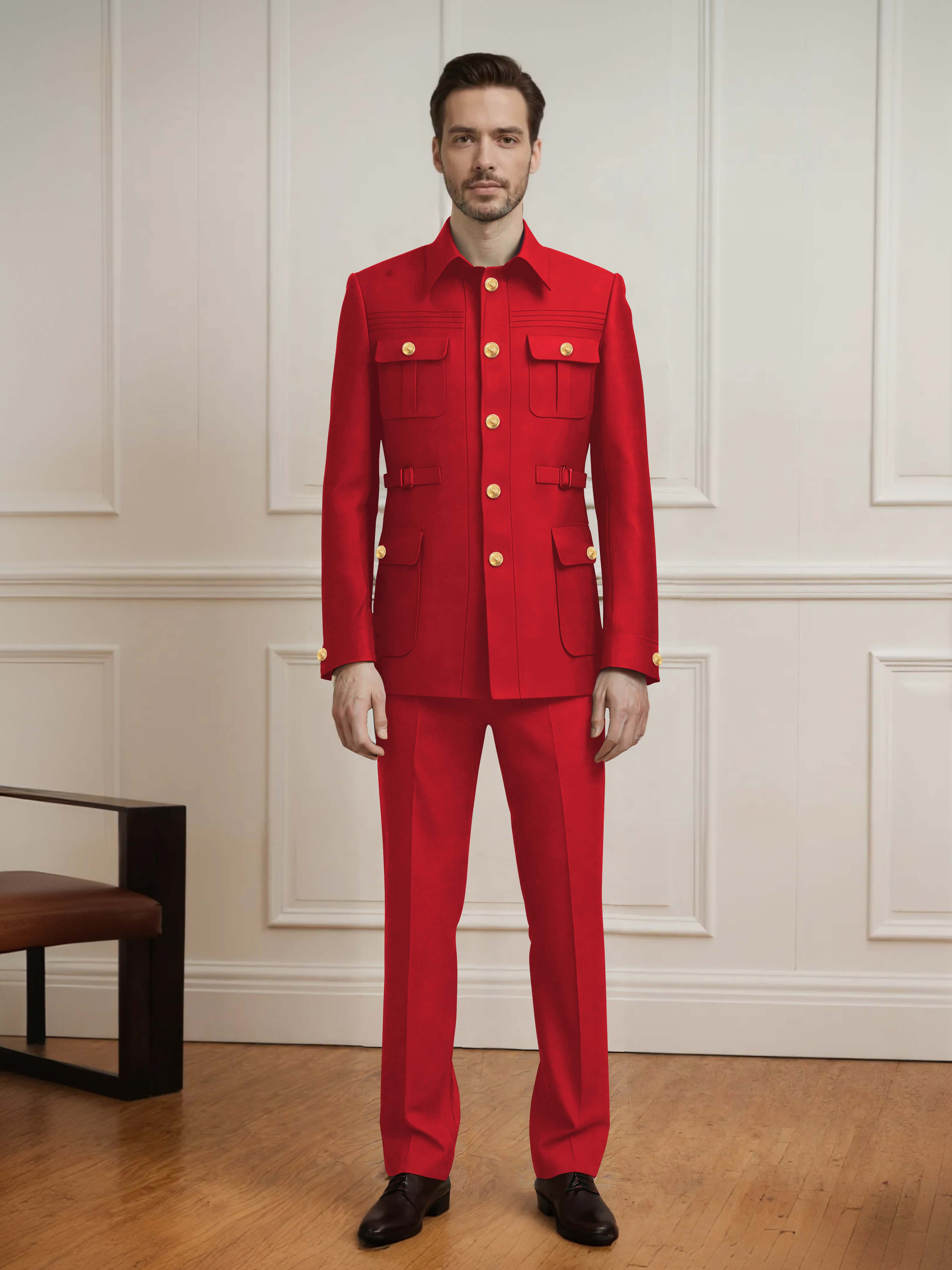 Safari Style Men's 2 Pieces Single Breasted With Belt Casual Suit