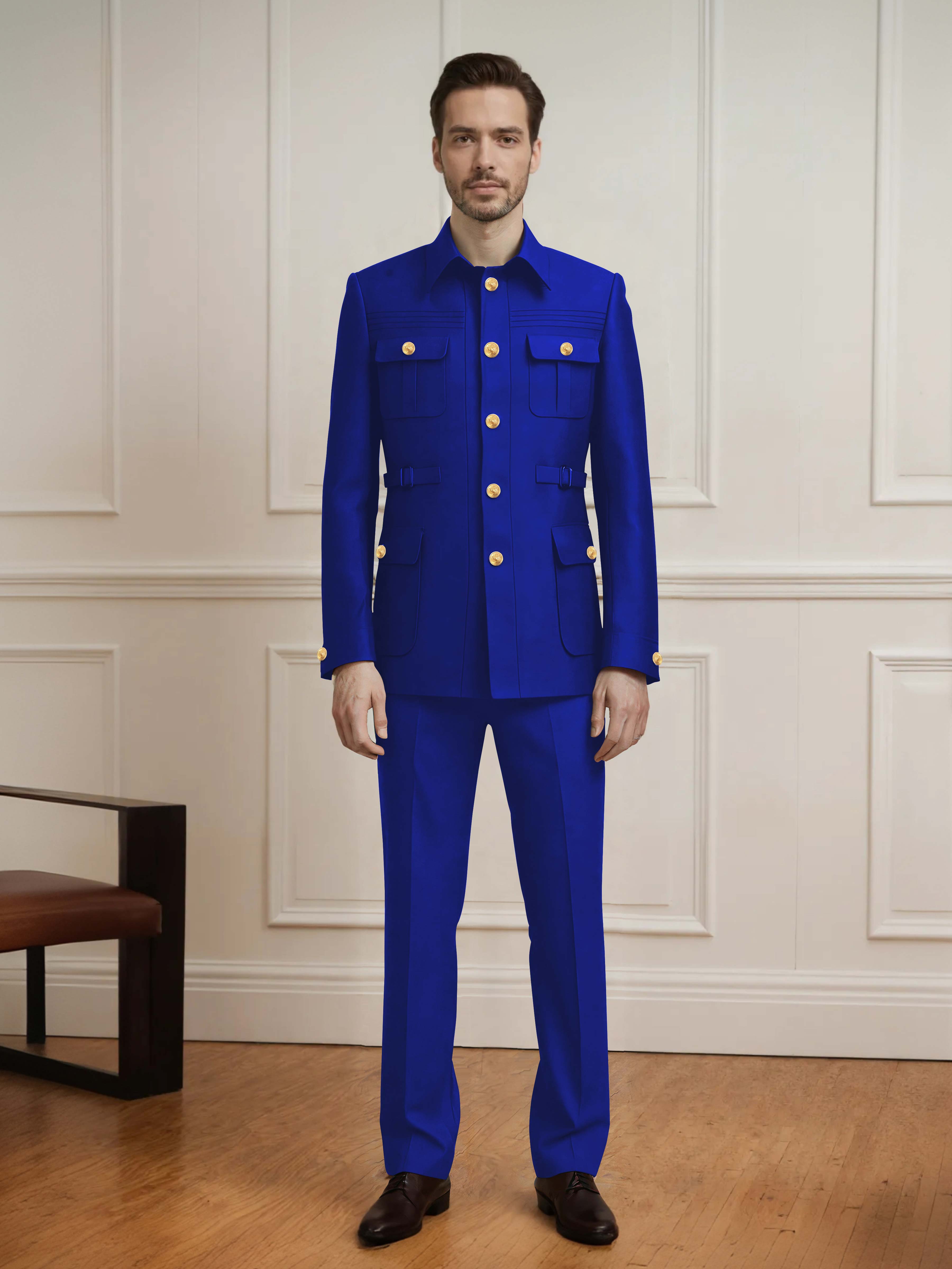 Safari Style Men's 2 Pieces Single Breasted With Belt Casual Suit