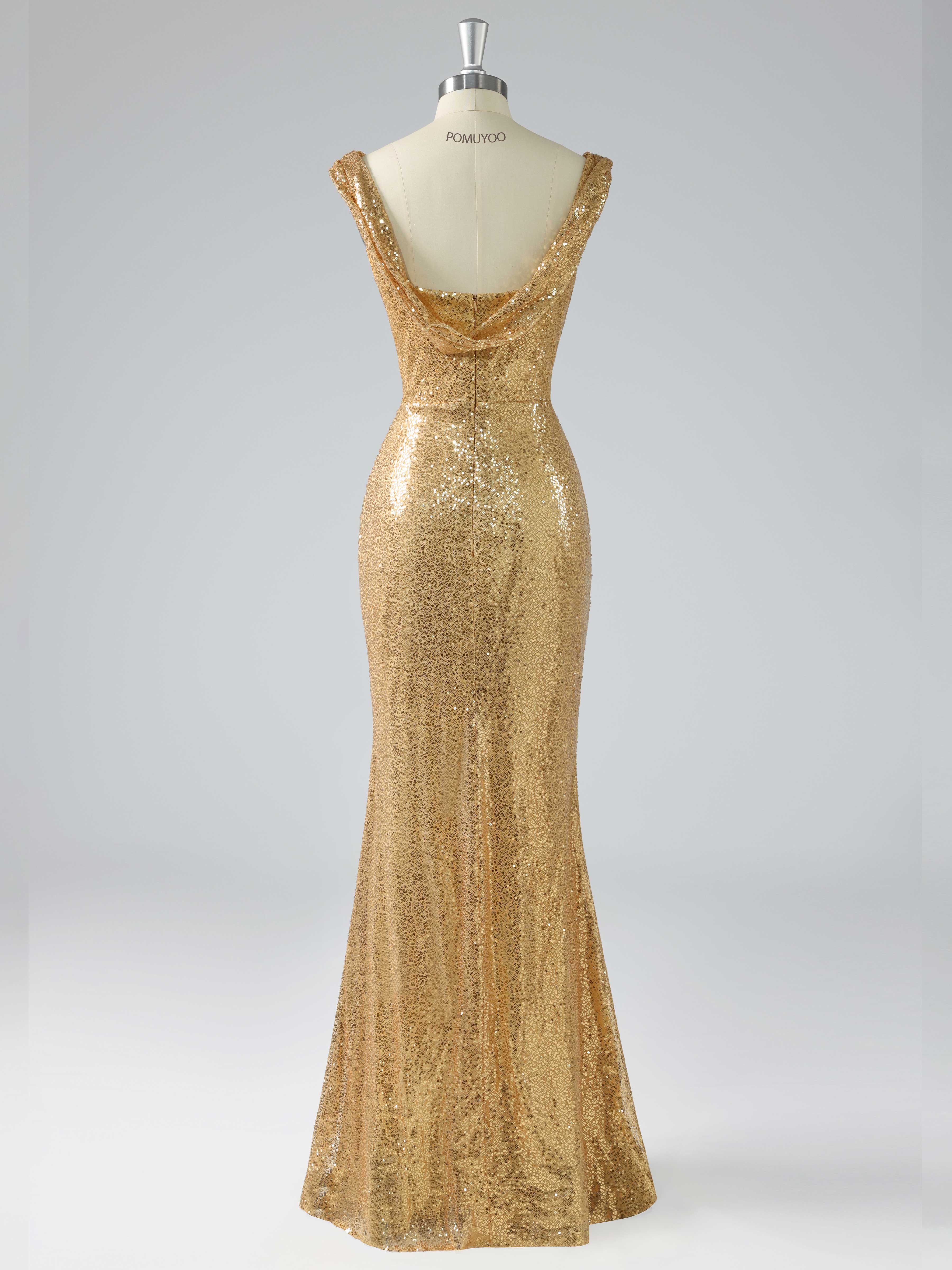 Sexy Cowl Mermaid Ruched Slit Floor Length Sequins Prom Dresses