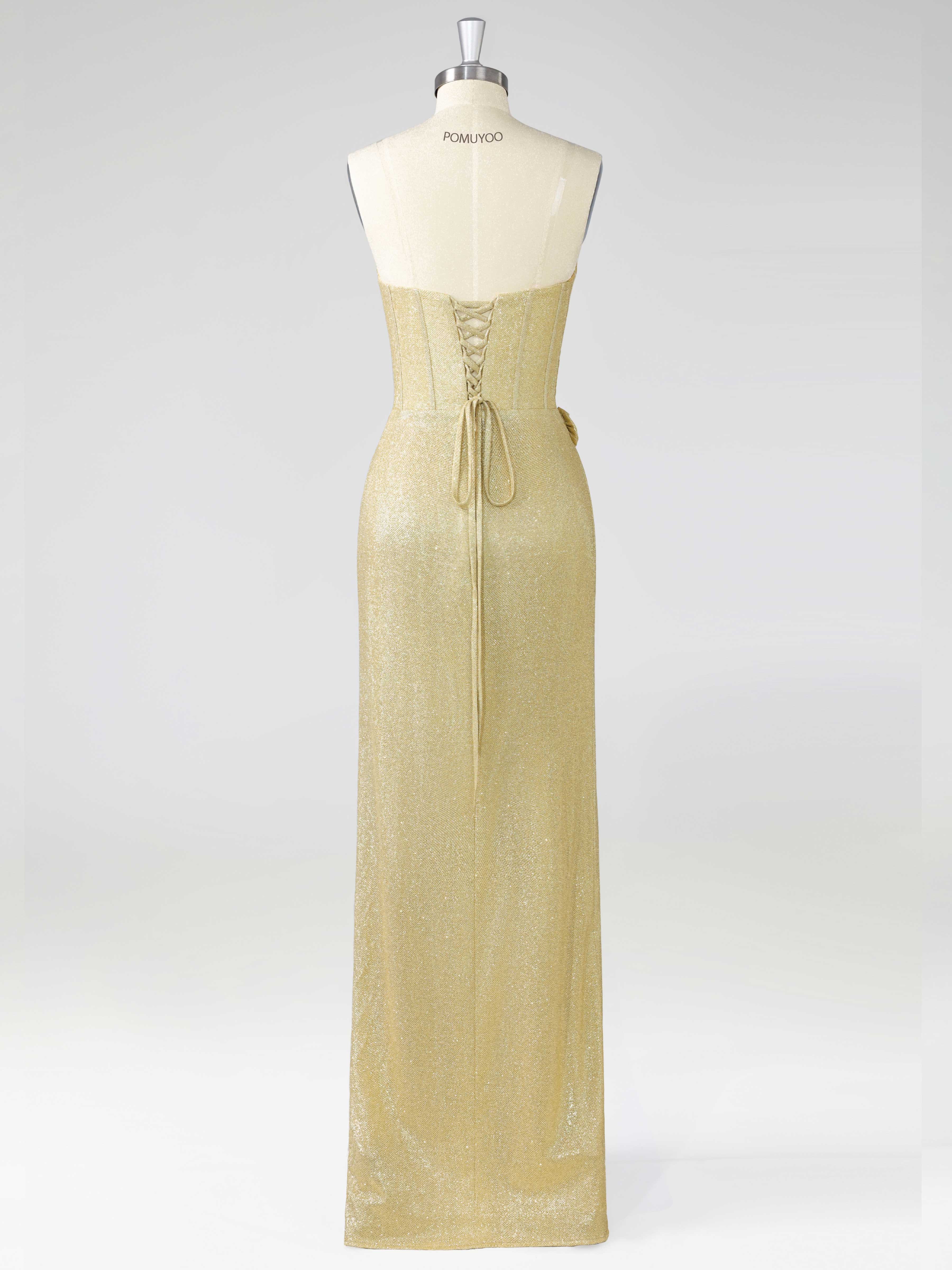 Sheath One Shoulder Asymmetrical Flower Corset Slit Glitter Prom Dresses