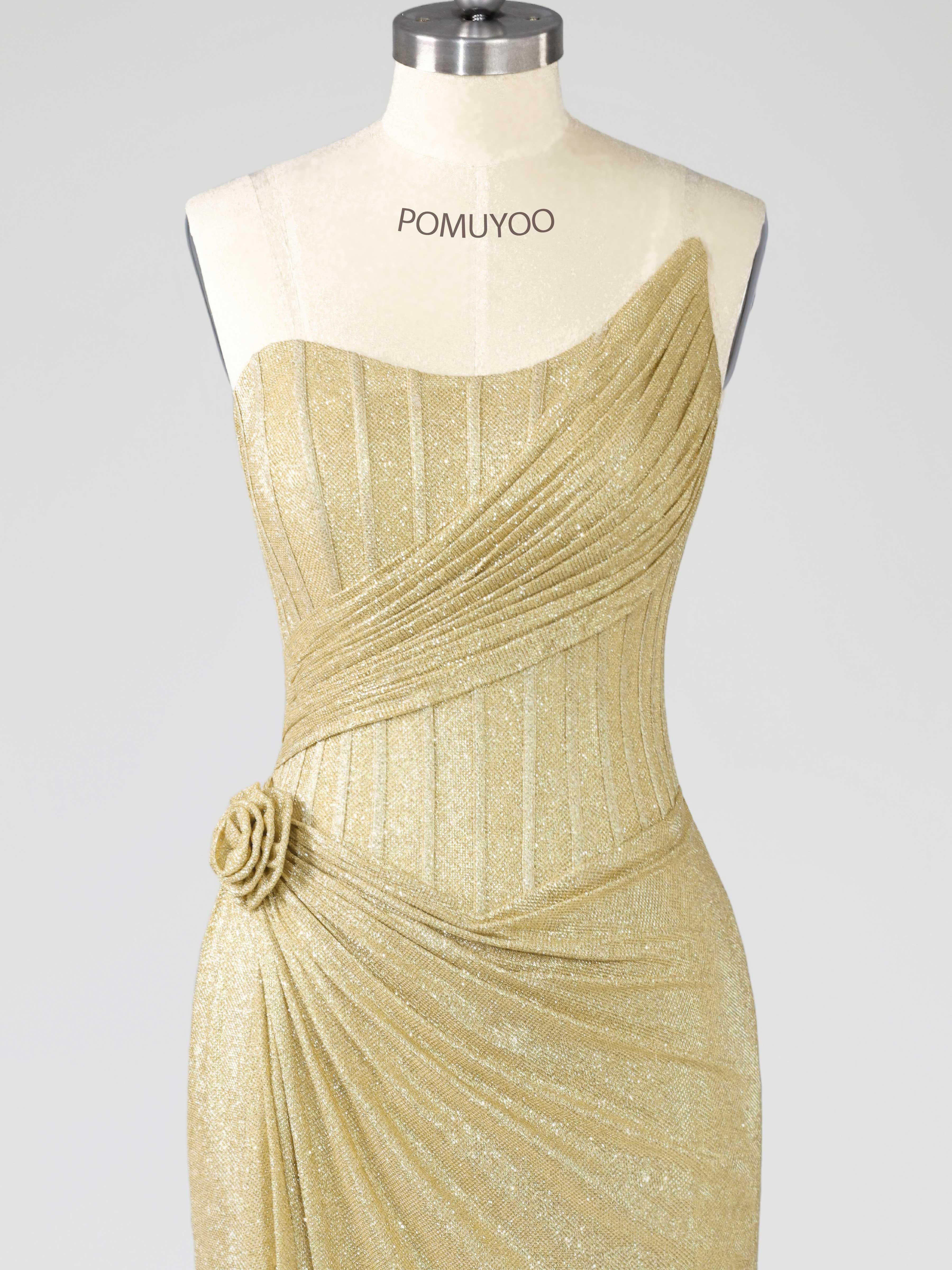 Sheath One Shoulder Asymmetrical Flower Corset Slit Glitter Prom Dresses