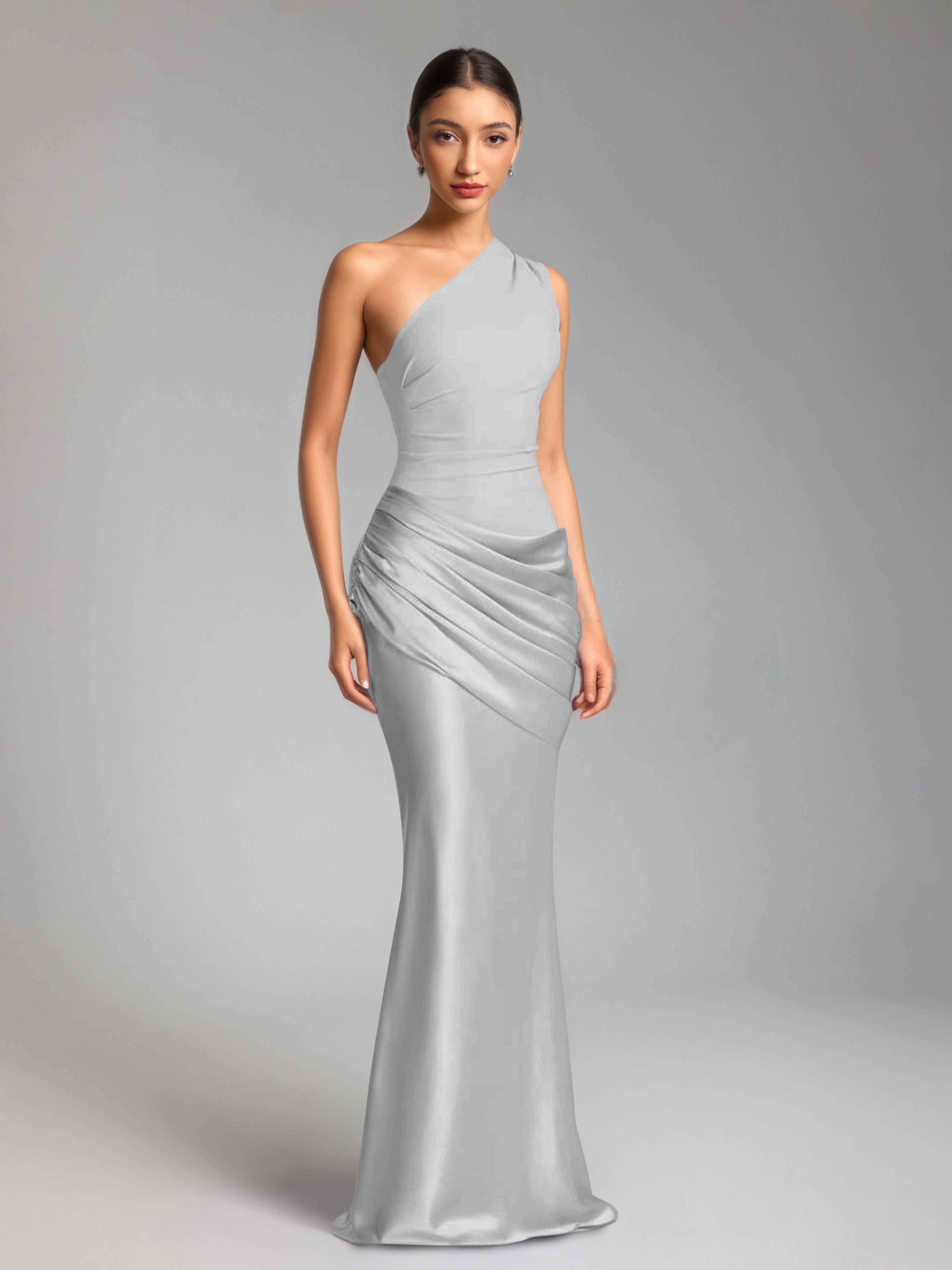 Jaelithra Gorgeous One Shoulder Pleated Satin Long Prom Dresses