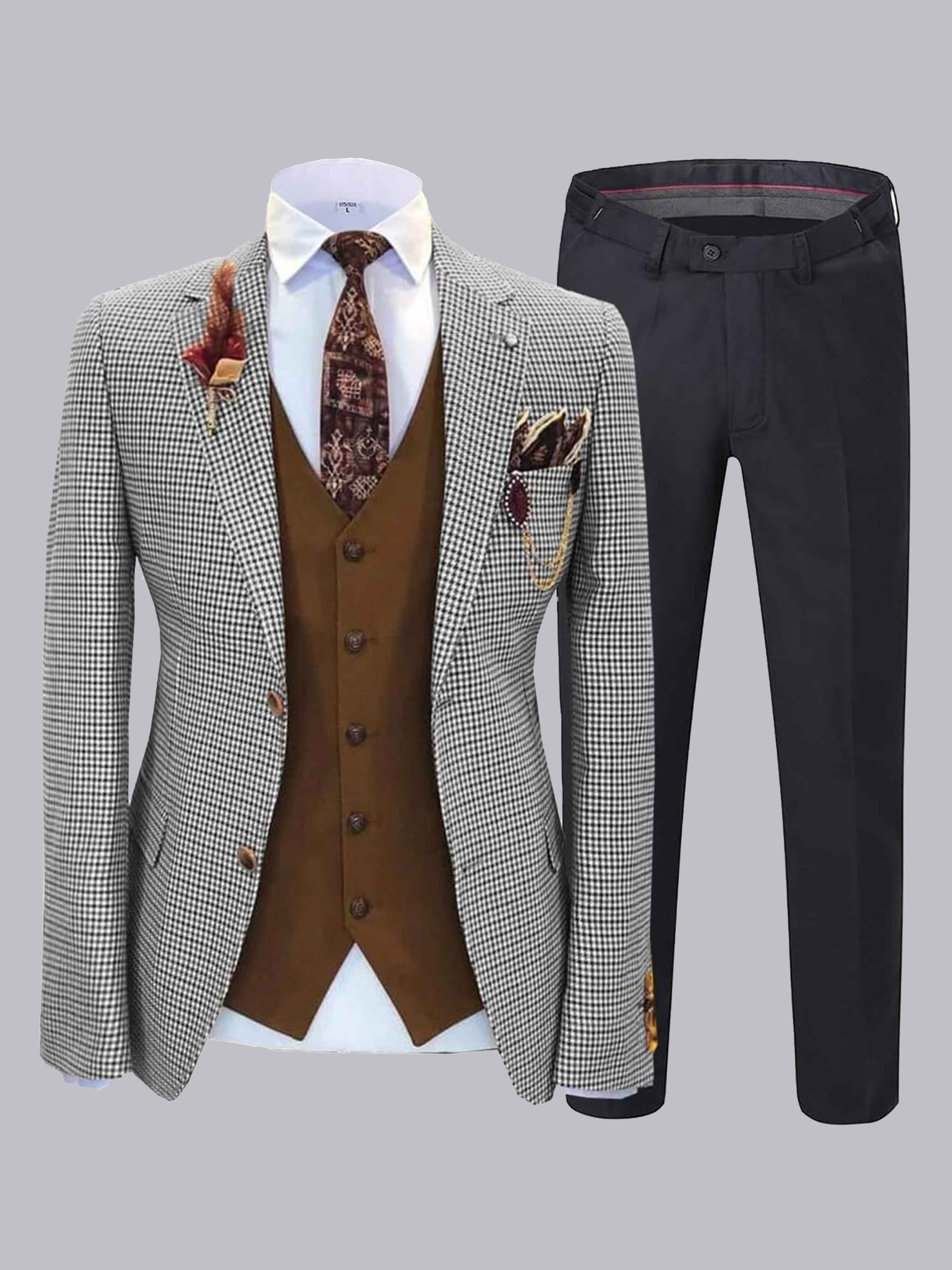 3 Pieces Men's Houndstooth Notch Lapel Two Buttons Suit