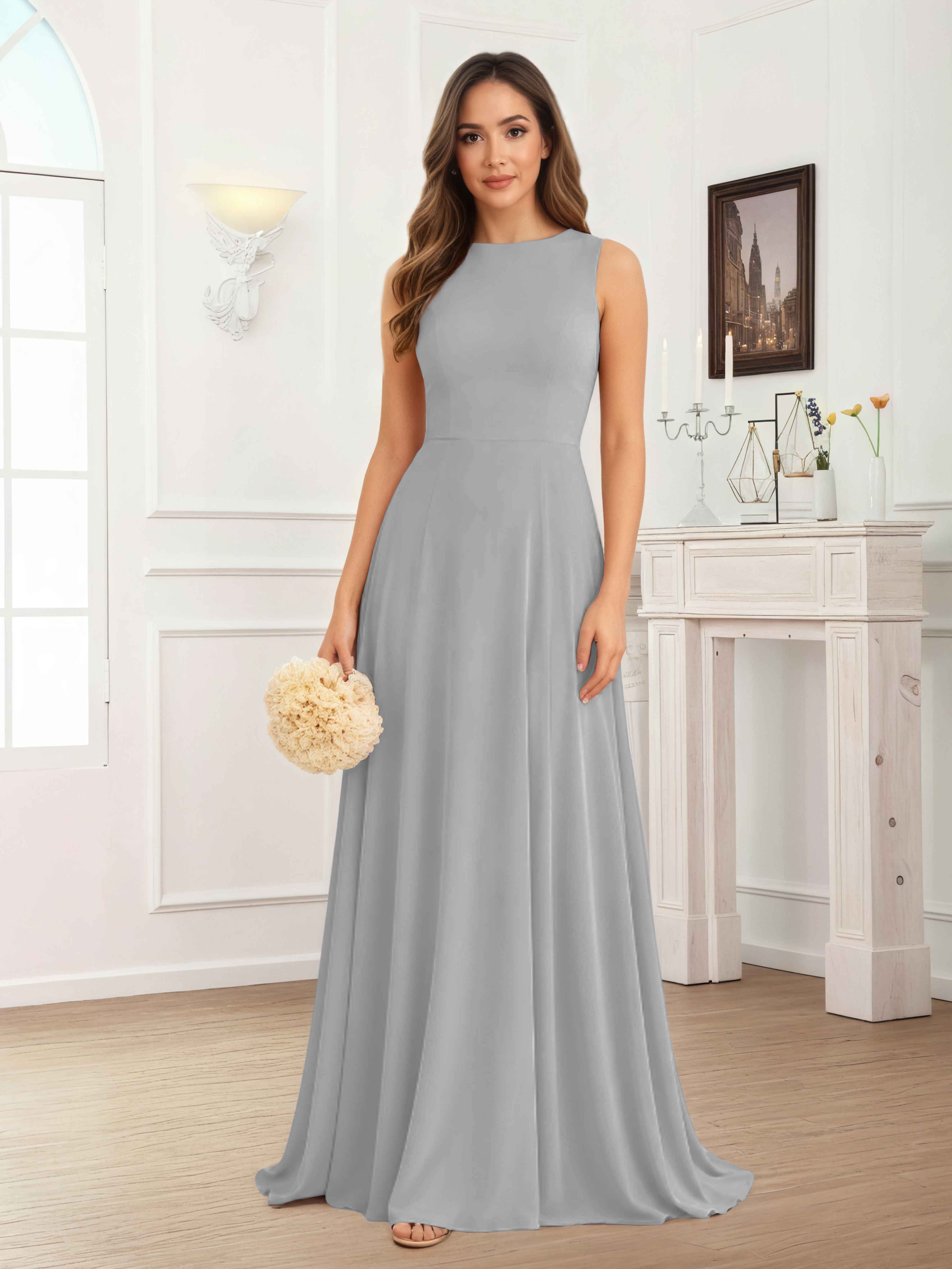 Fraelithra Modest Scoop A-Line Sleeveless Long Bridesmaid Dresses
