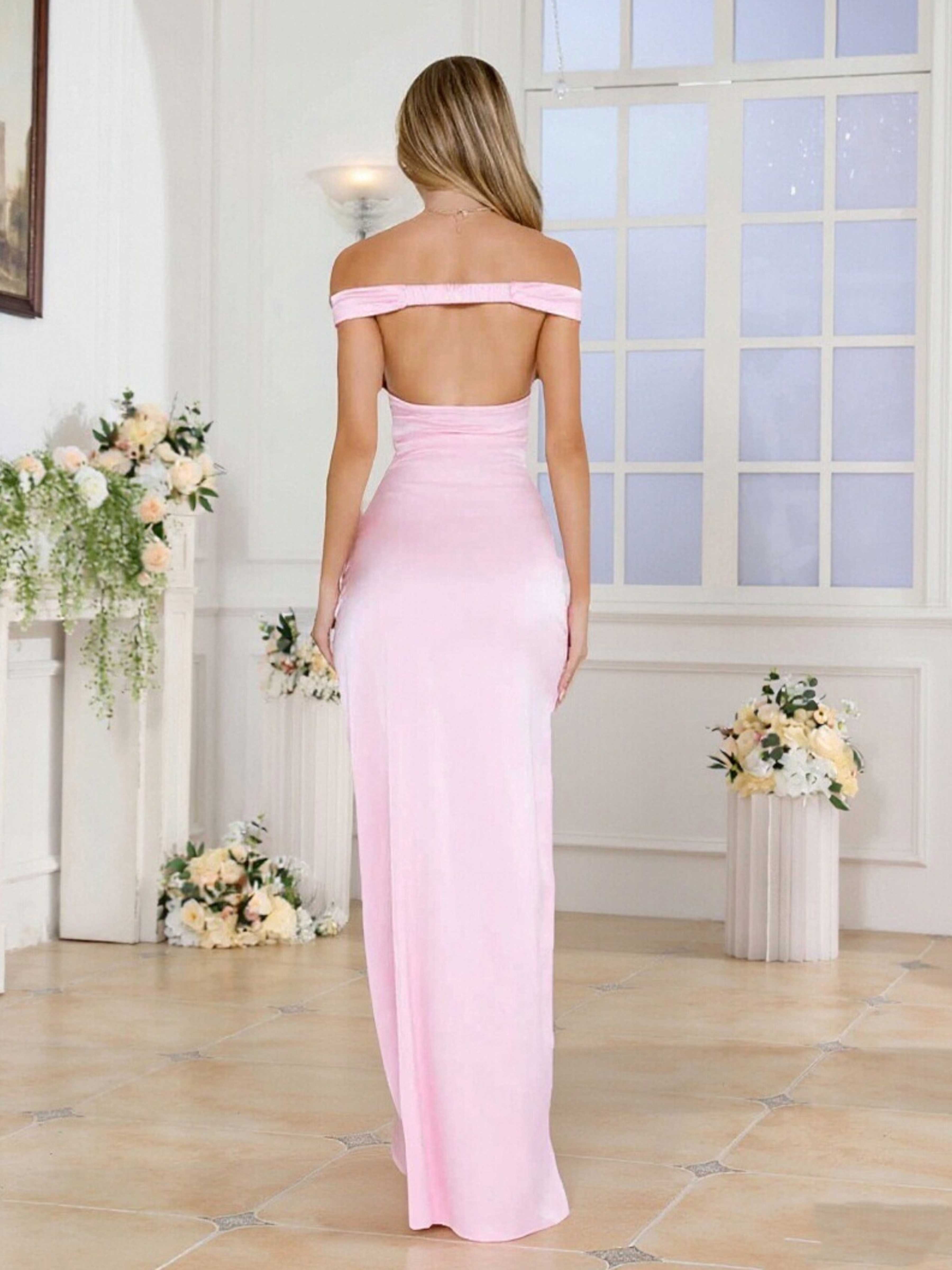 Simple Off The Shoulder Sheath Backless Long Satin Prom Dresses