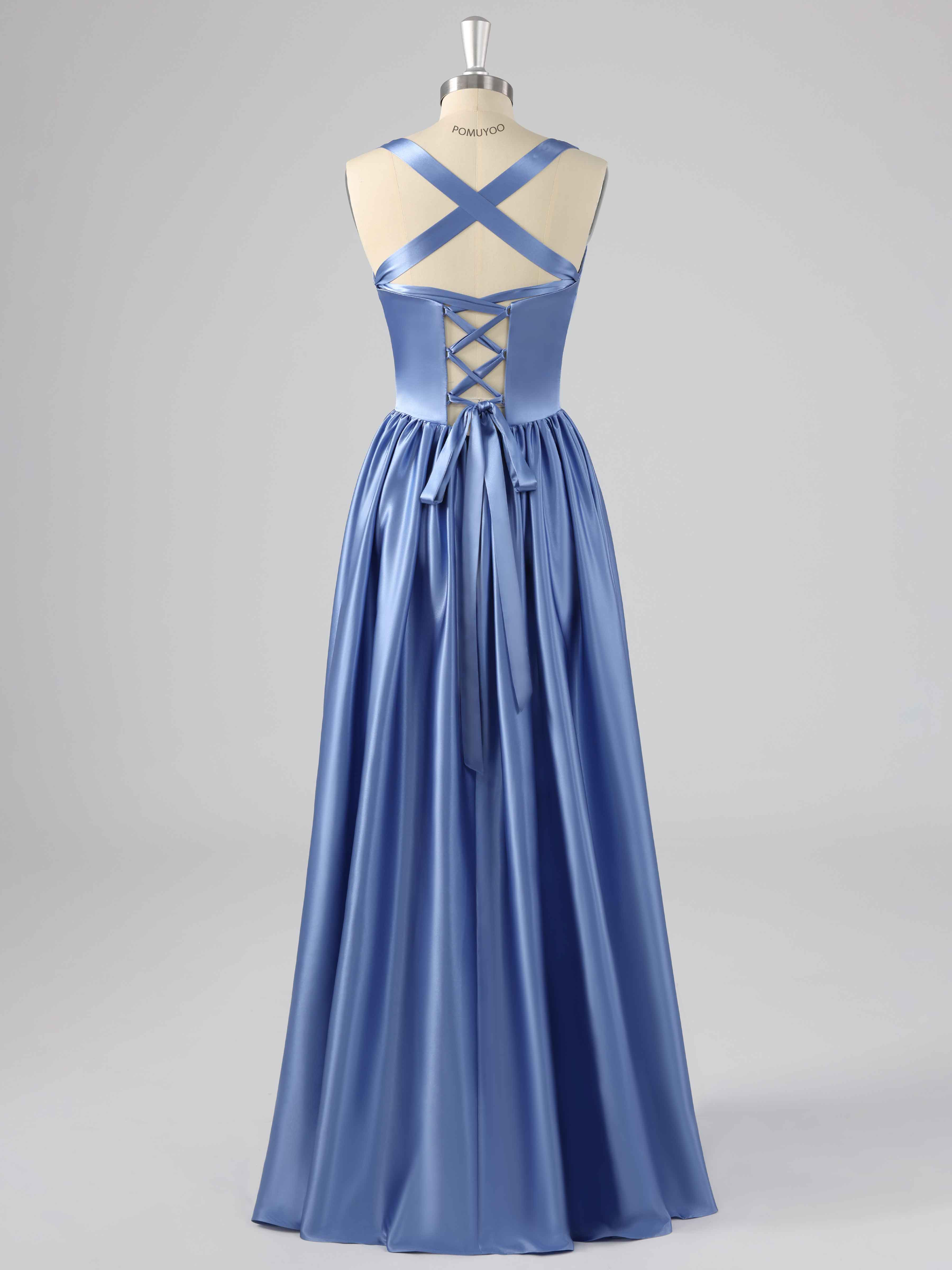 Simple A-Line V-Neck Sleeveless Long Bridesmaid Dresses with Slit