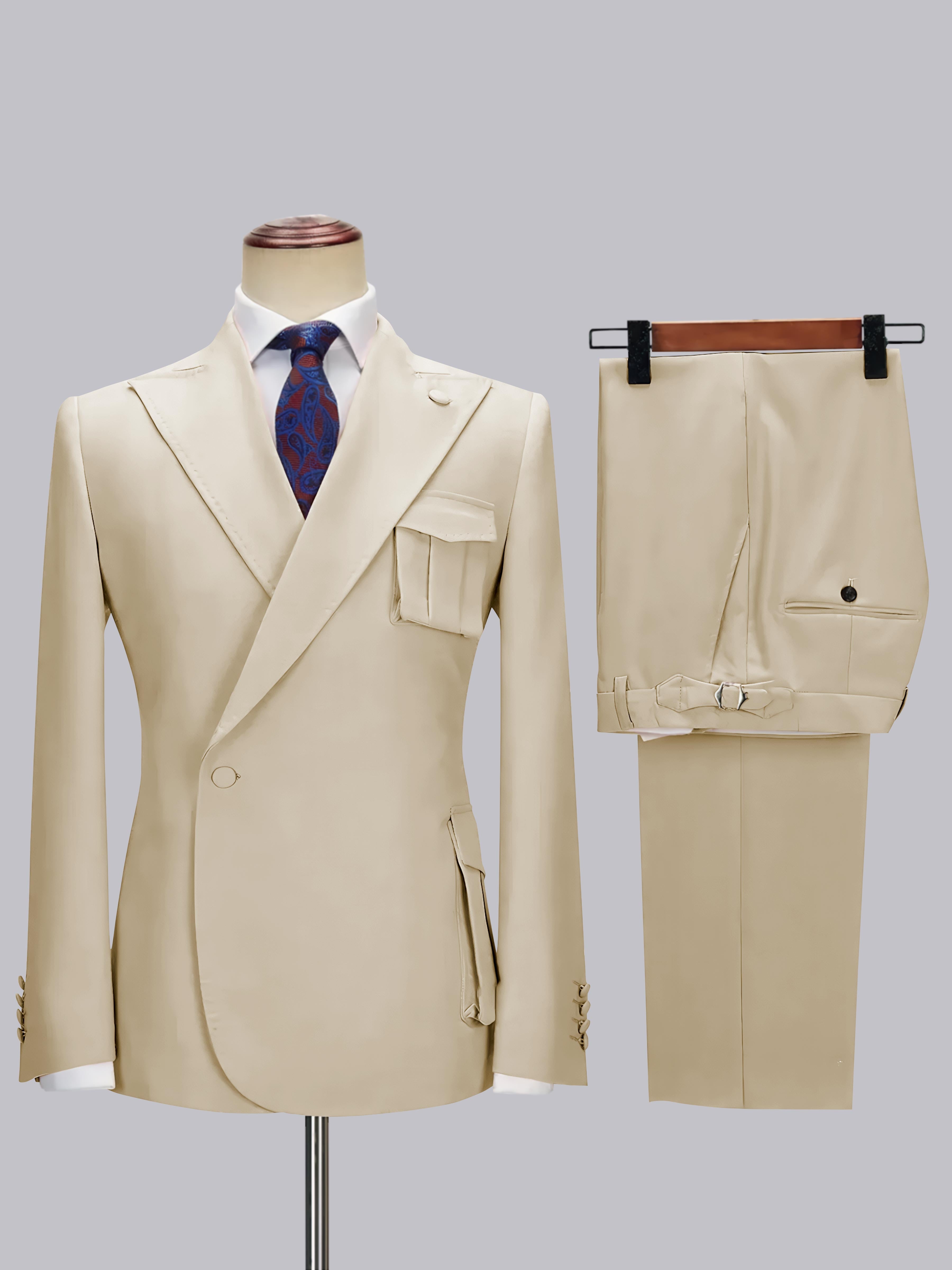 Slim Fit One Button Peak Lapel Men's Wrap Suit with Deep Pockets for Wedding & Casual Wear