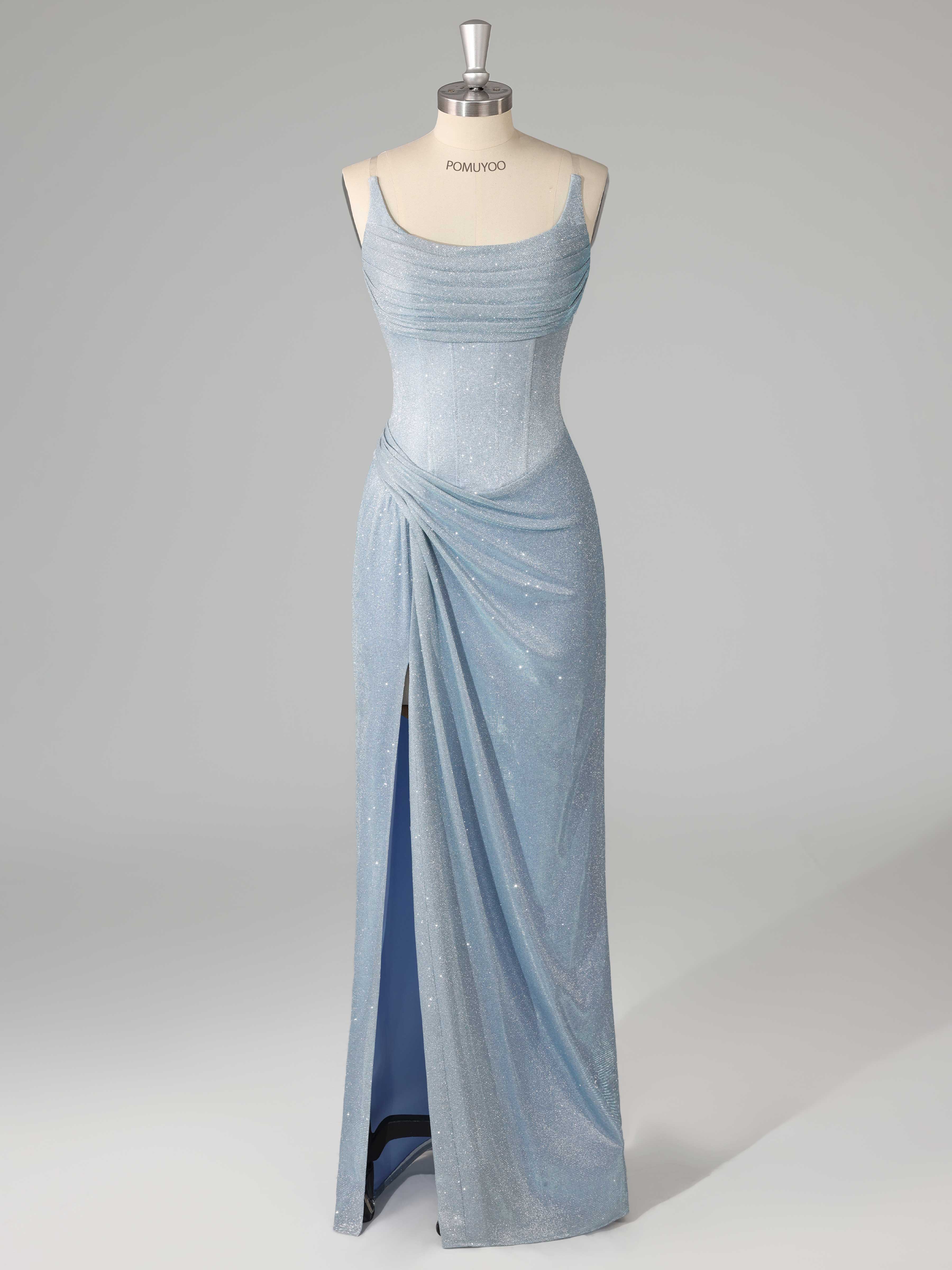 Sparkly Sheath Spaghetti Straps Corset Pleated Slit Prom Dresses