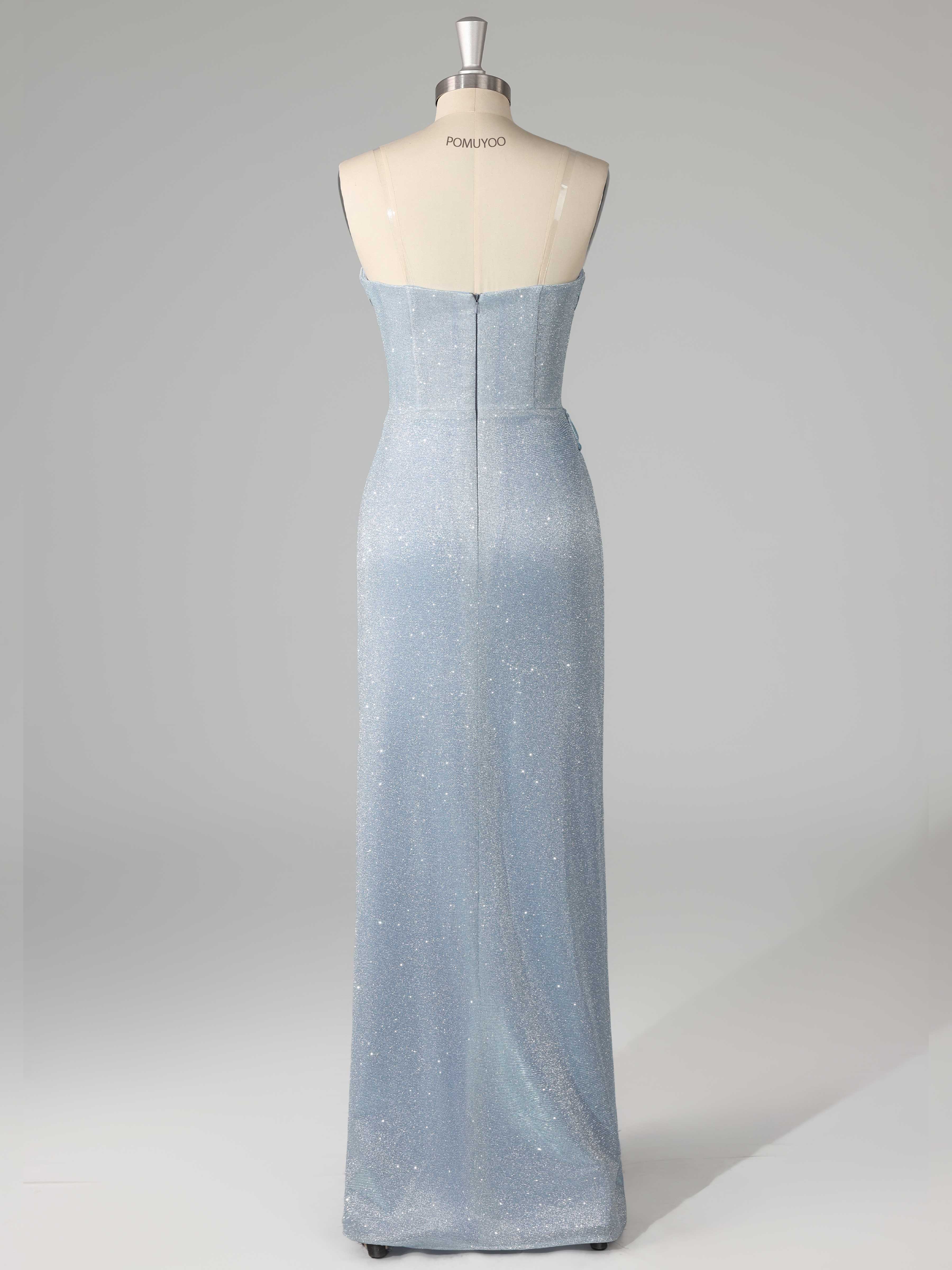 Sparkly Sheath Spaghetti Straps Corset Pleated Slit Prom Dresses