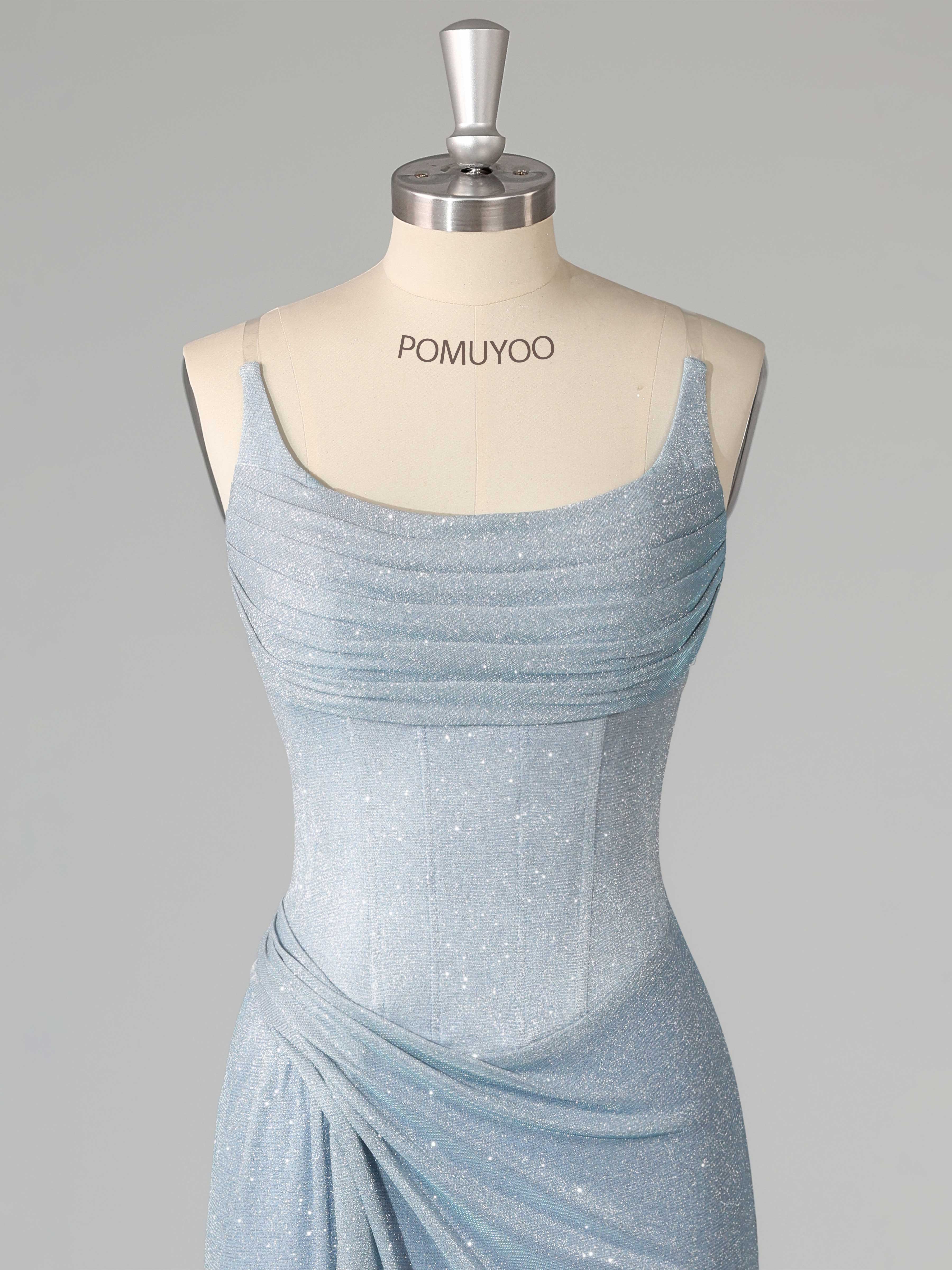 Sparkly Sheath Spaghetti Straps Corset Pleated Slit Prom Dresses