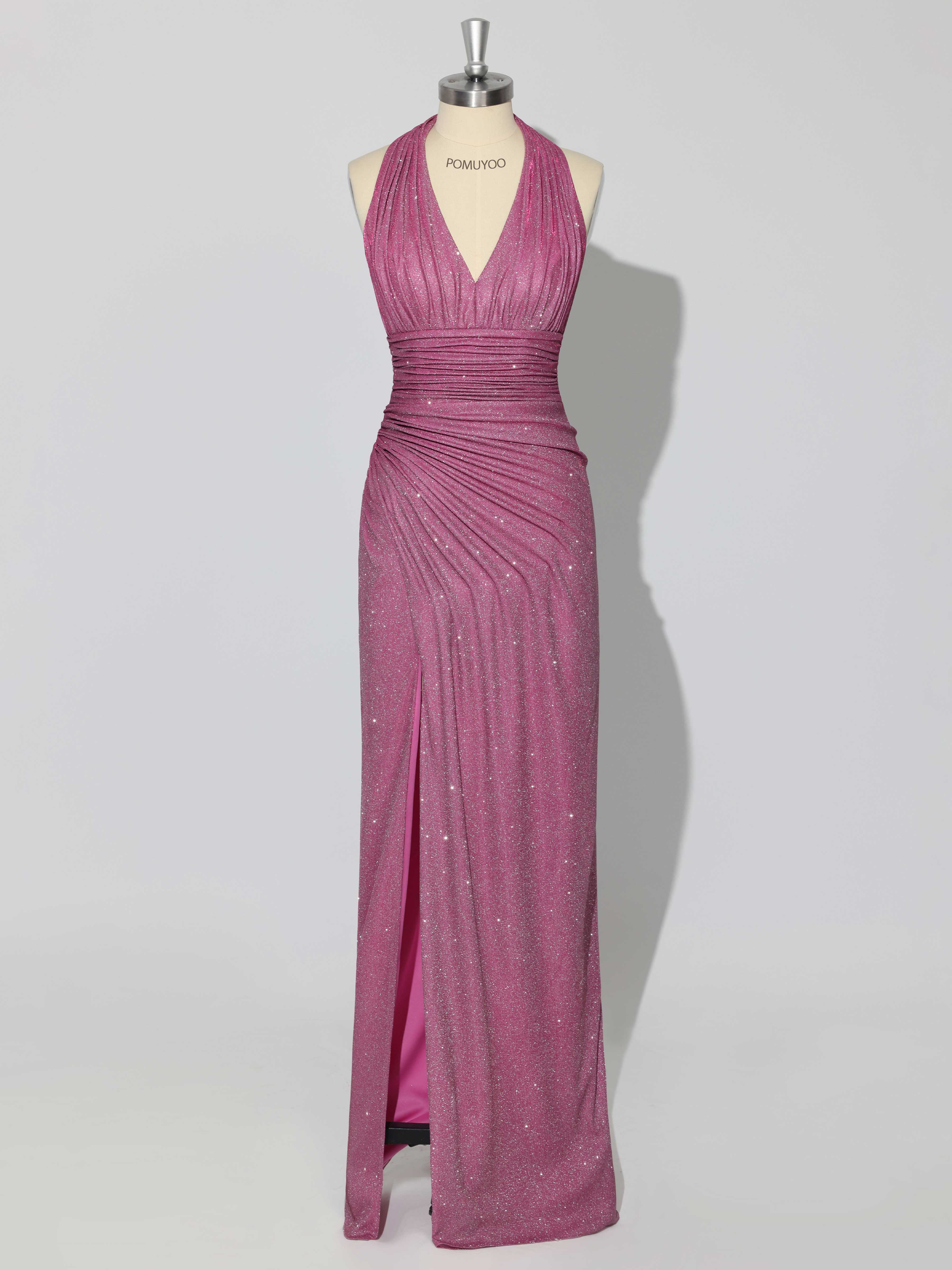 Stunning Halter V Neck Sheath Ruched Slit Long Prom Dresses