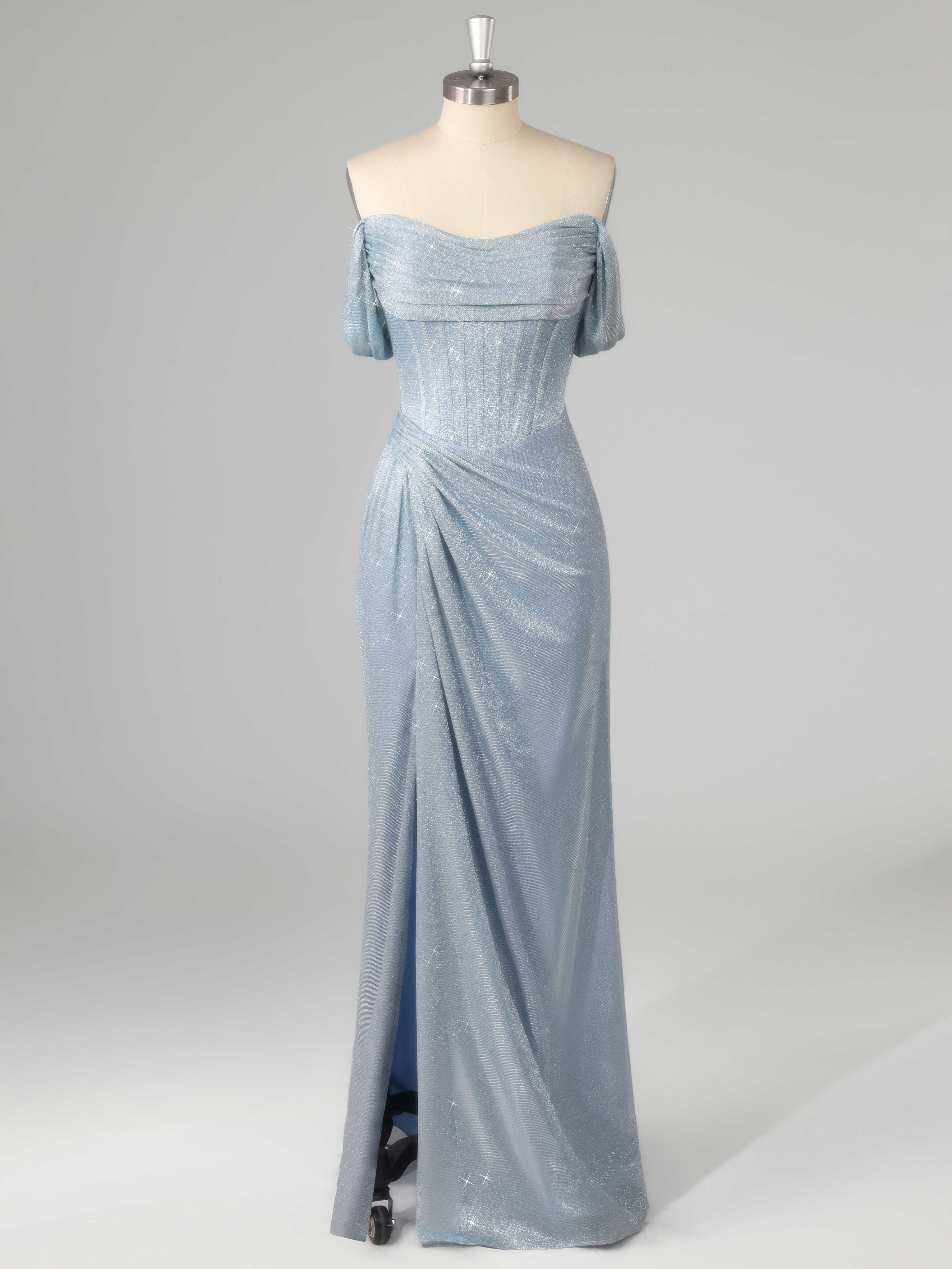 Stunning Off the Shoulder Corset Slit Floor Length Glitter Prom Dresses