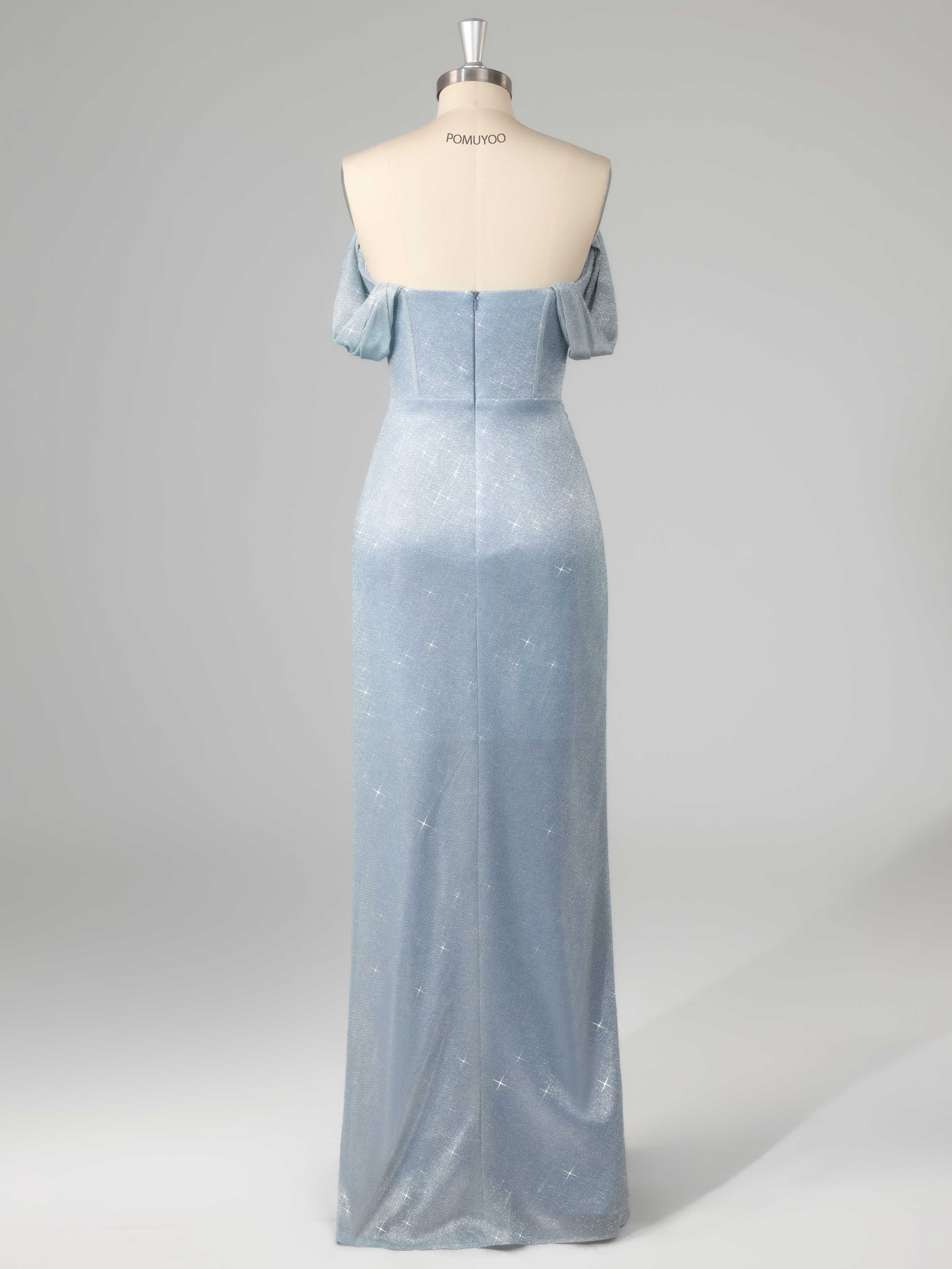 Stunning Off the Shoulder Corset Slit Floor Length Glitter Prom Dresses