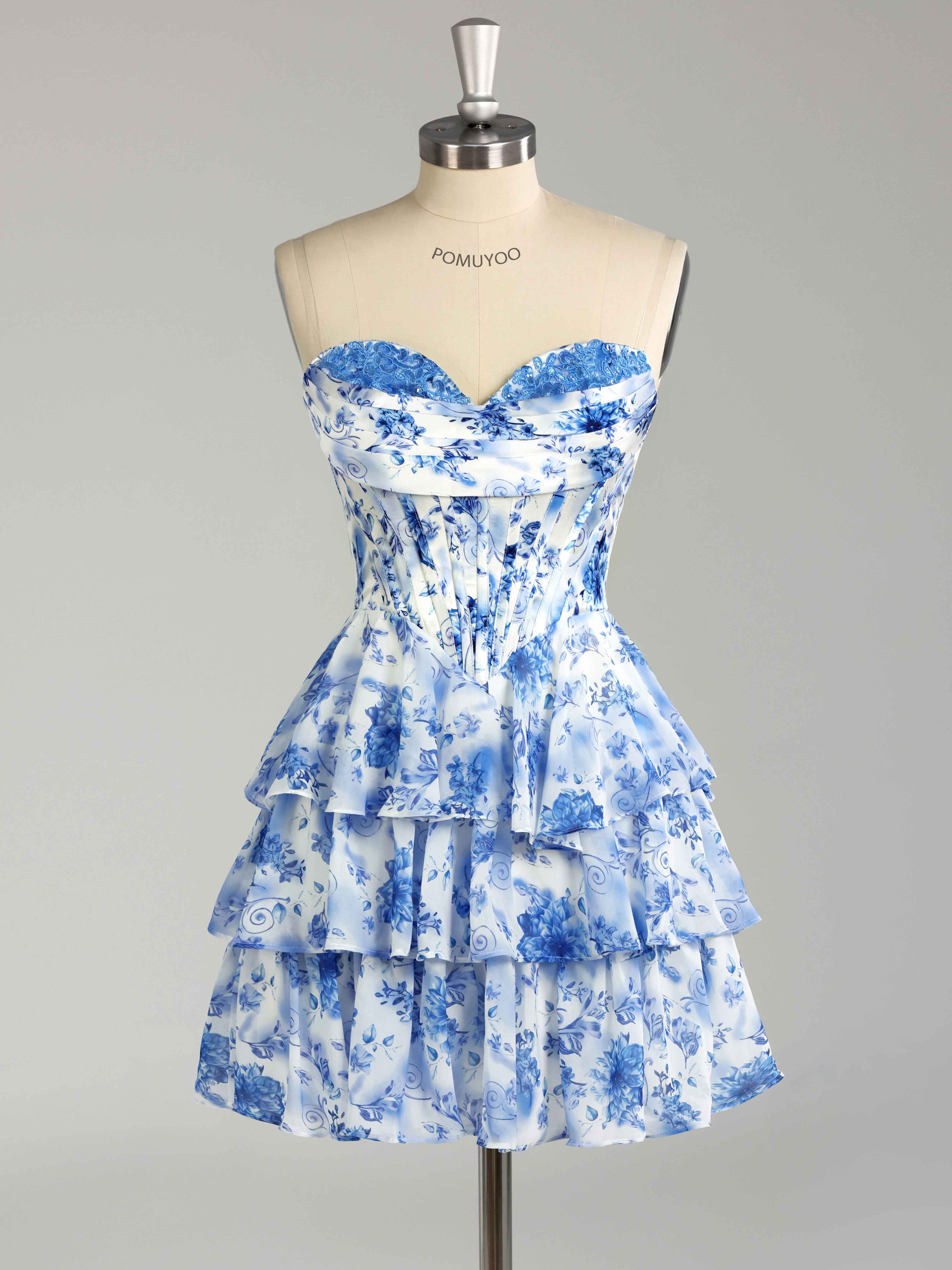 Stunning Strapless Tiered Floral Print Chiffon Mini Homecoming Dresses