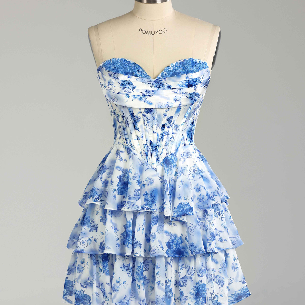 Stunning Strapless Tiered Floral Print Chiffon Mini Homecoming Dresses Stunning Strapless Tiered Floral Print Chiffon Mini Homecoming Dresses
