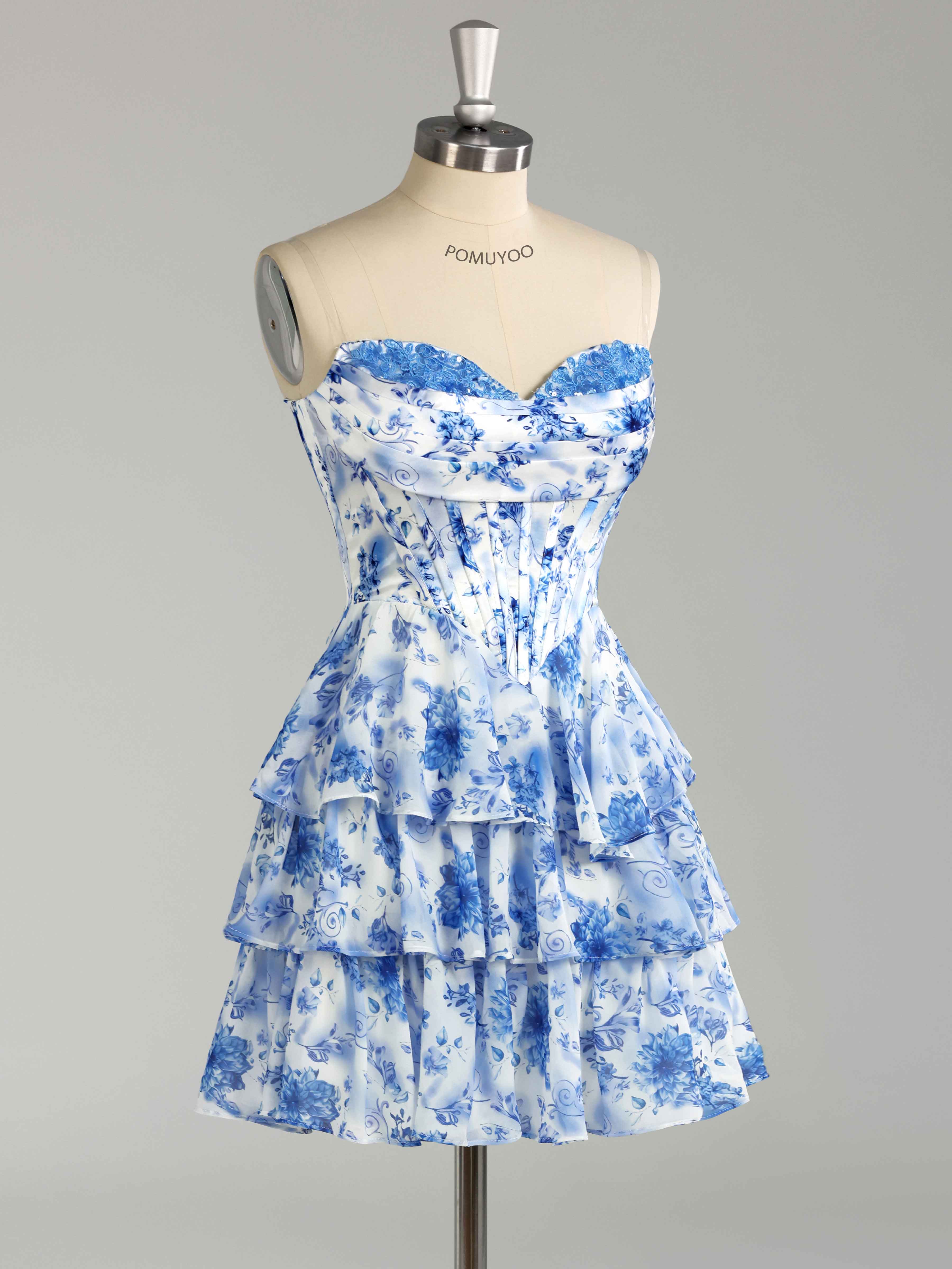 Stunning Strapless Tiered Floral Print Chiffon Mini Homecoming Dresses