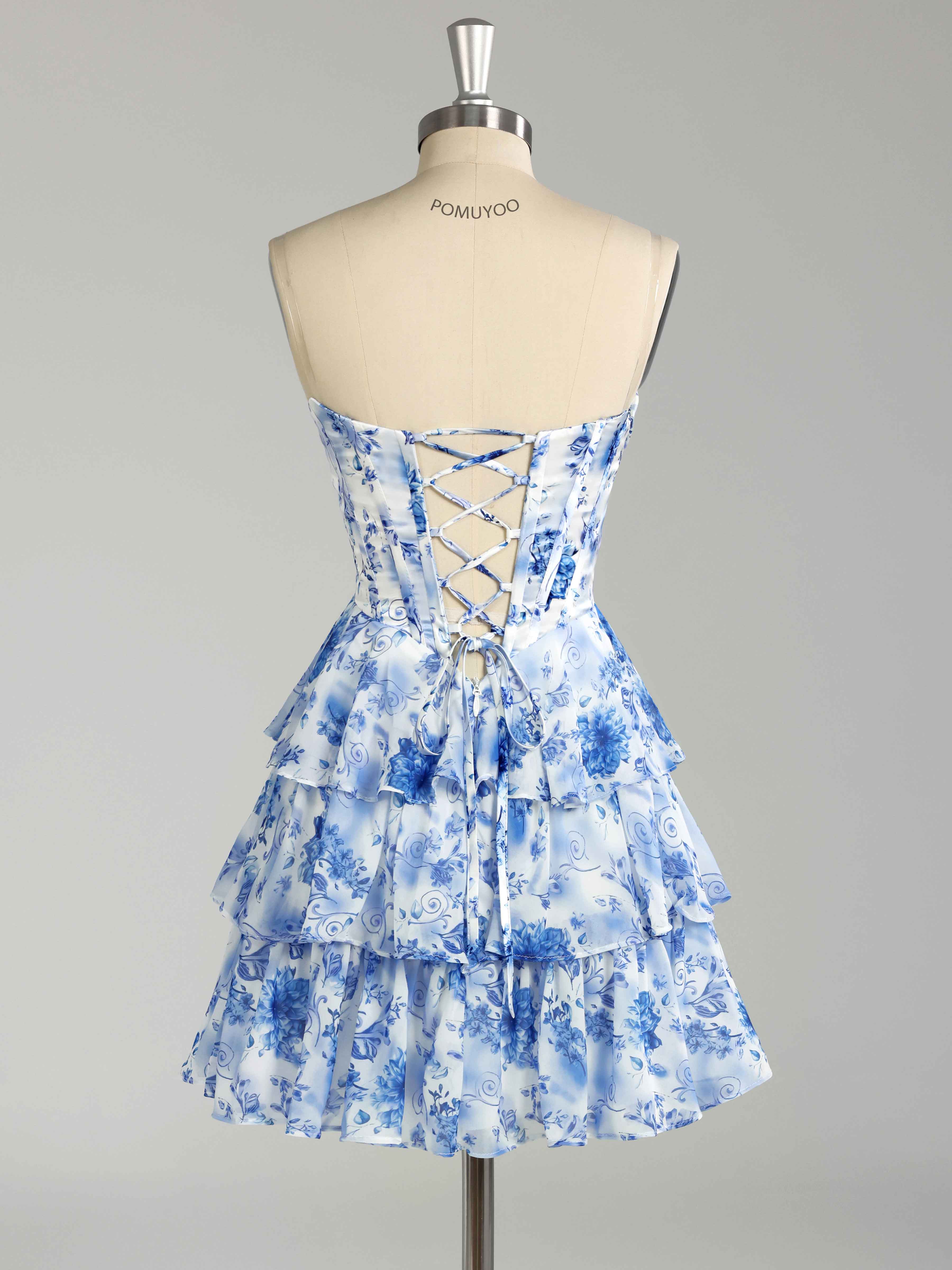 Stunning Strapless Tiered Floral Print Chiffon Mini Homecoming Dresses