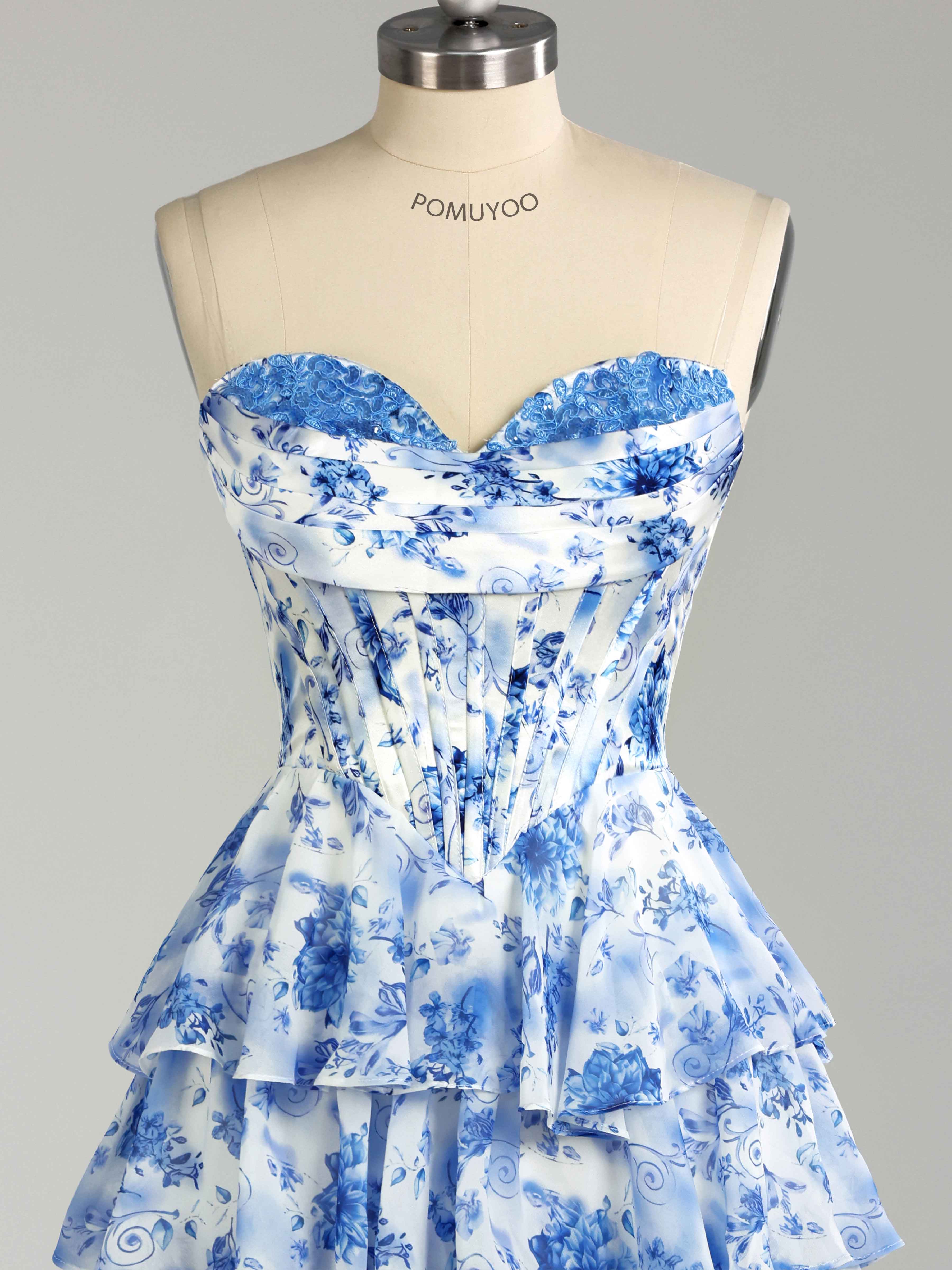 Stunning Strapless Tiered Floral Print Chiffon Mini Homecoming Dresses