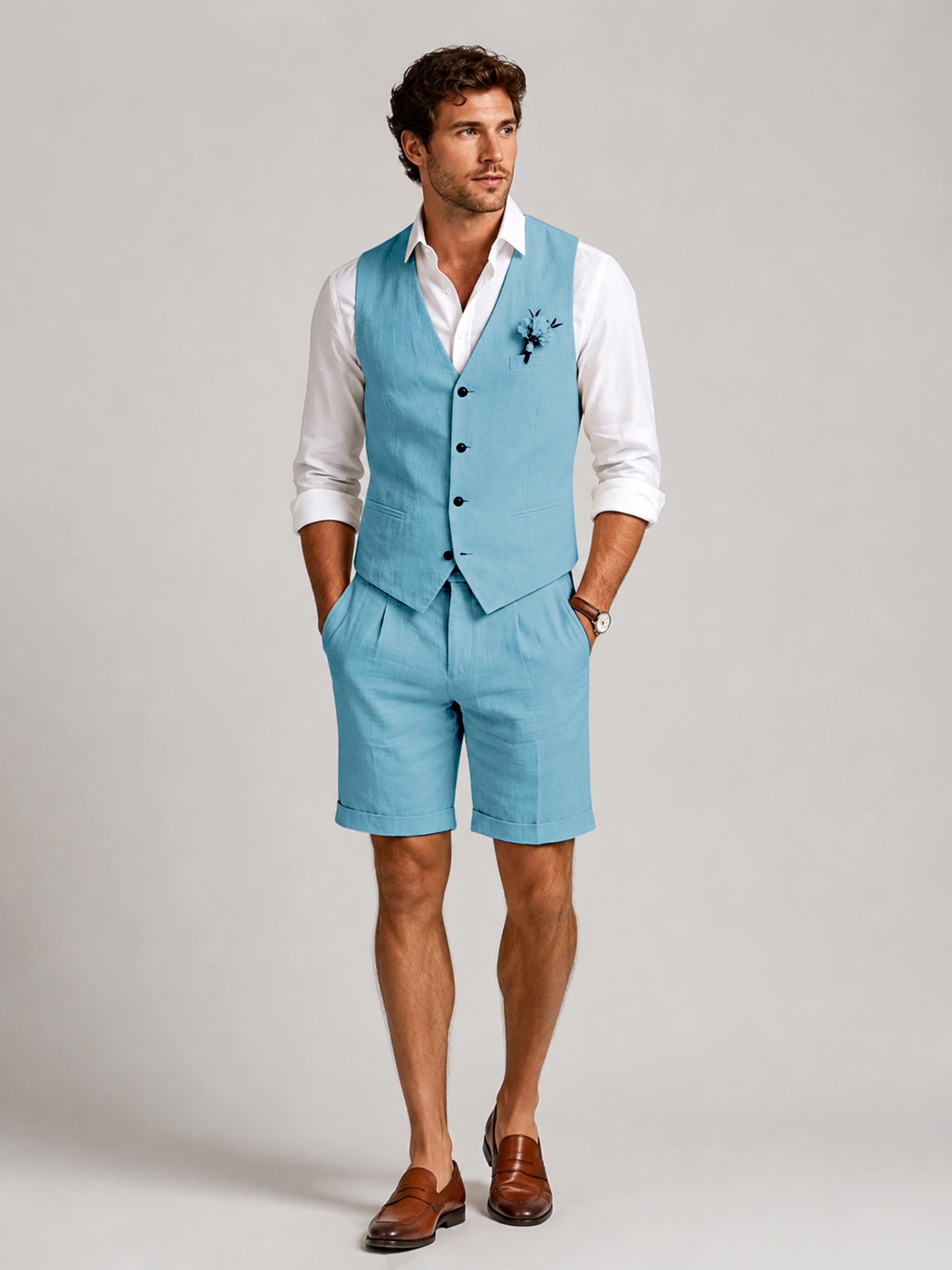 Stylish Two Pieces Men's Beach Wedding Linen Suit: Vest & Pant for Beach Wedding, Turquoise