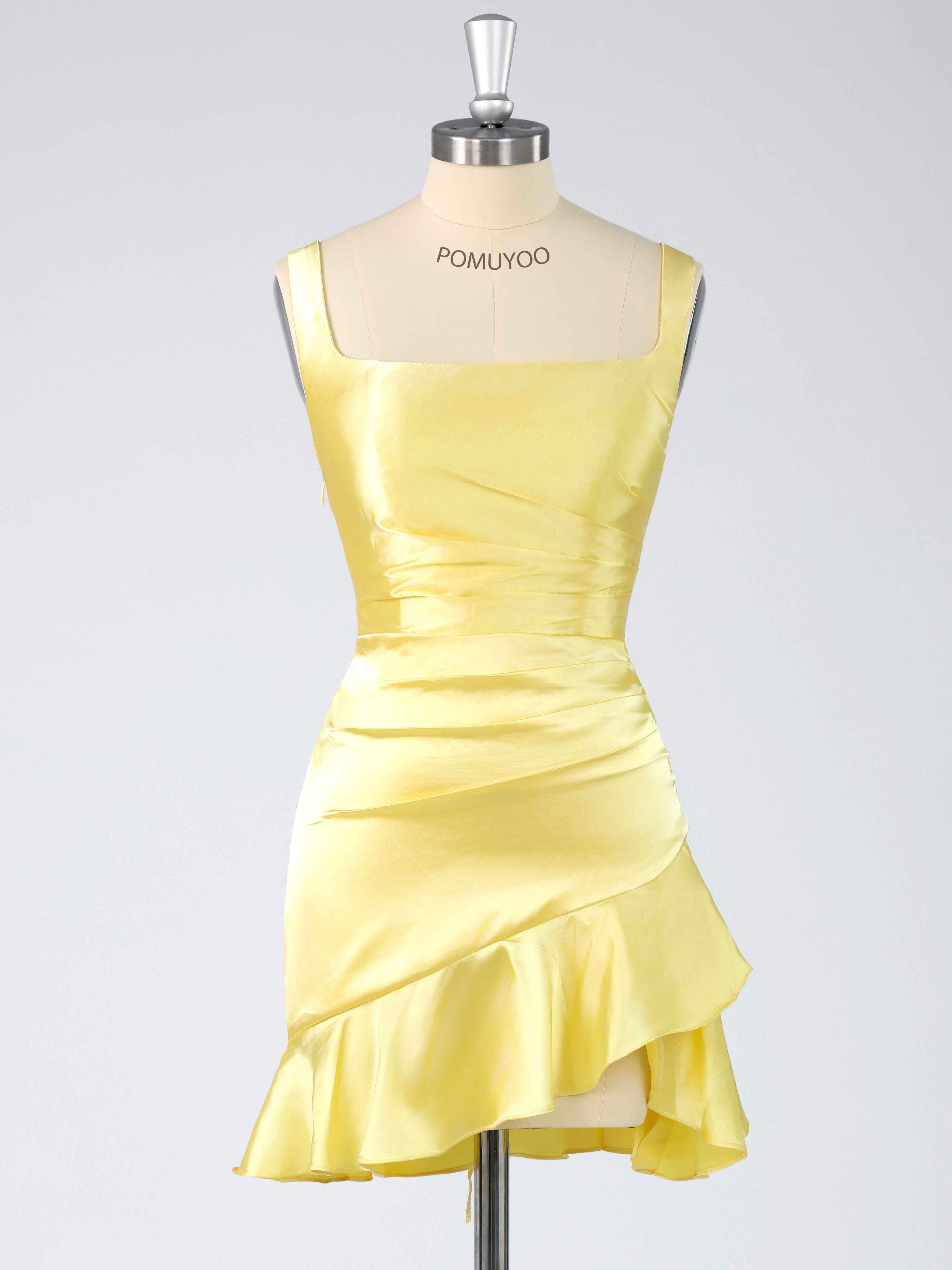Stylish Square Pleated Satin Mini Homecoming Dresses